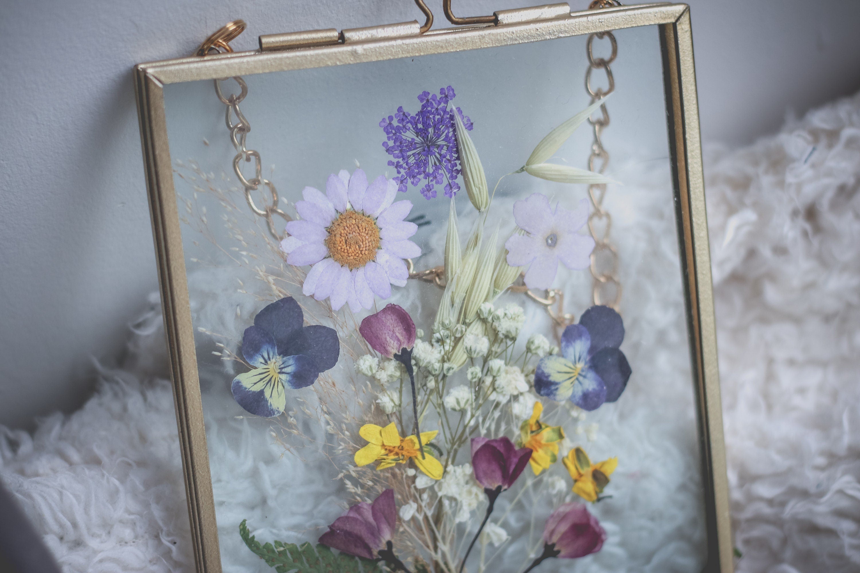 Vintage Pressed Flower Glass Frame - Vintage Pressed Flowers - Vintage Wall Hanging - Decor- Retro Glass Frame - Purple & Yellow