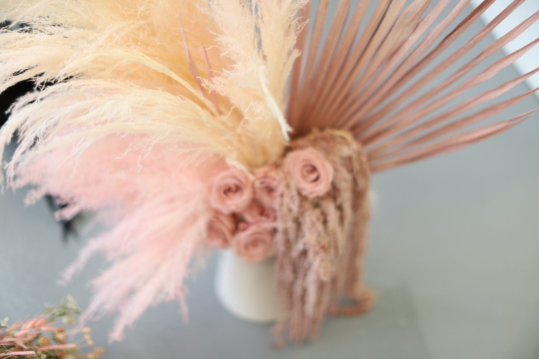 All Pink Preserved Eternal Roses Floral Vase Arrangement Pampas Grass and Palm Spear