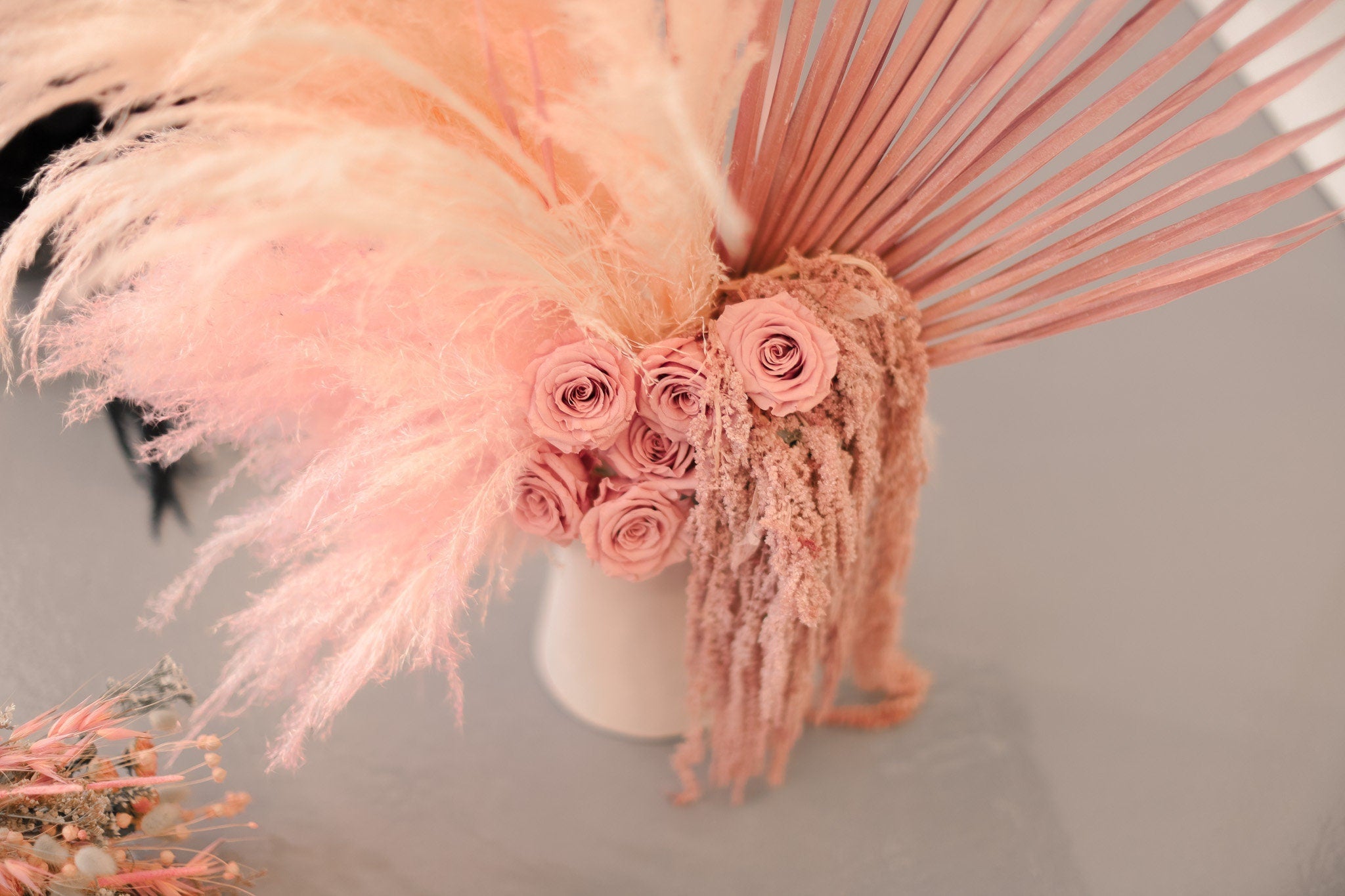 All Pink Preserved Eternal Roses Floral Vase Arrangement Pampas Grass and Palm Spear