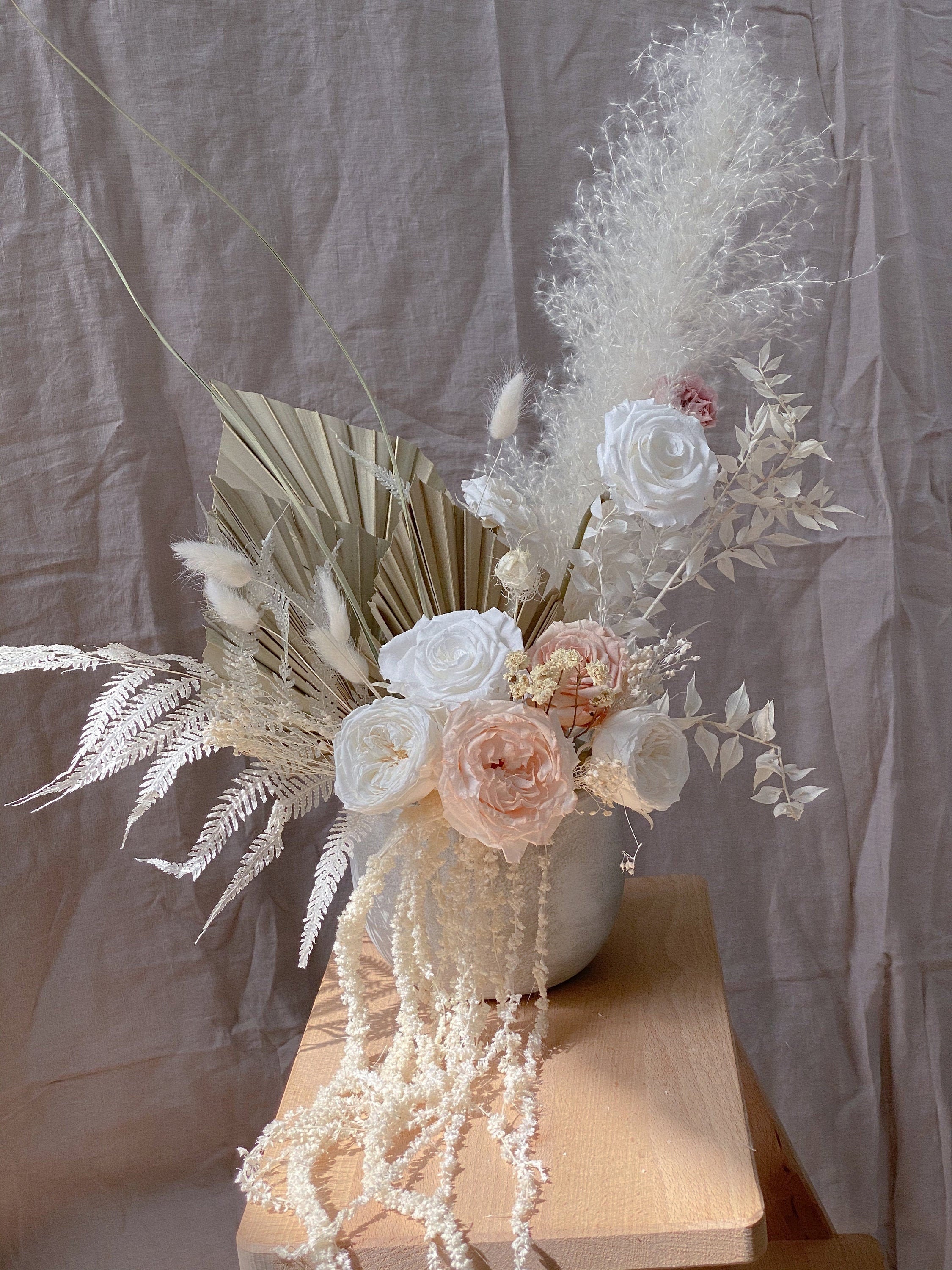 White Pampas Grass Preserved English Rose Floral Vase Arrangment / Palm Spear Eternal Blooms / Preserved Fern Dried Grasses Home Decor