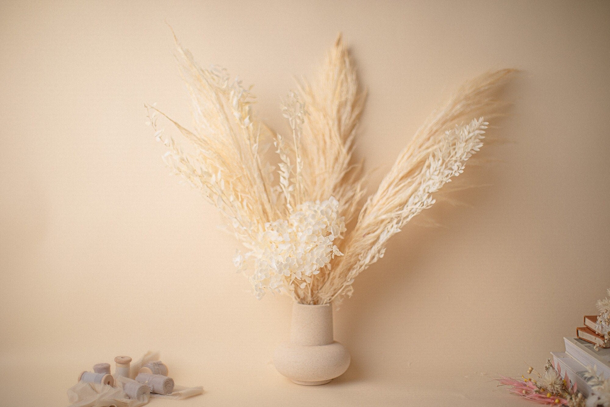 White Hydrangea & Cream Pampas Grass Boho Centerpiece Wedding Decoration