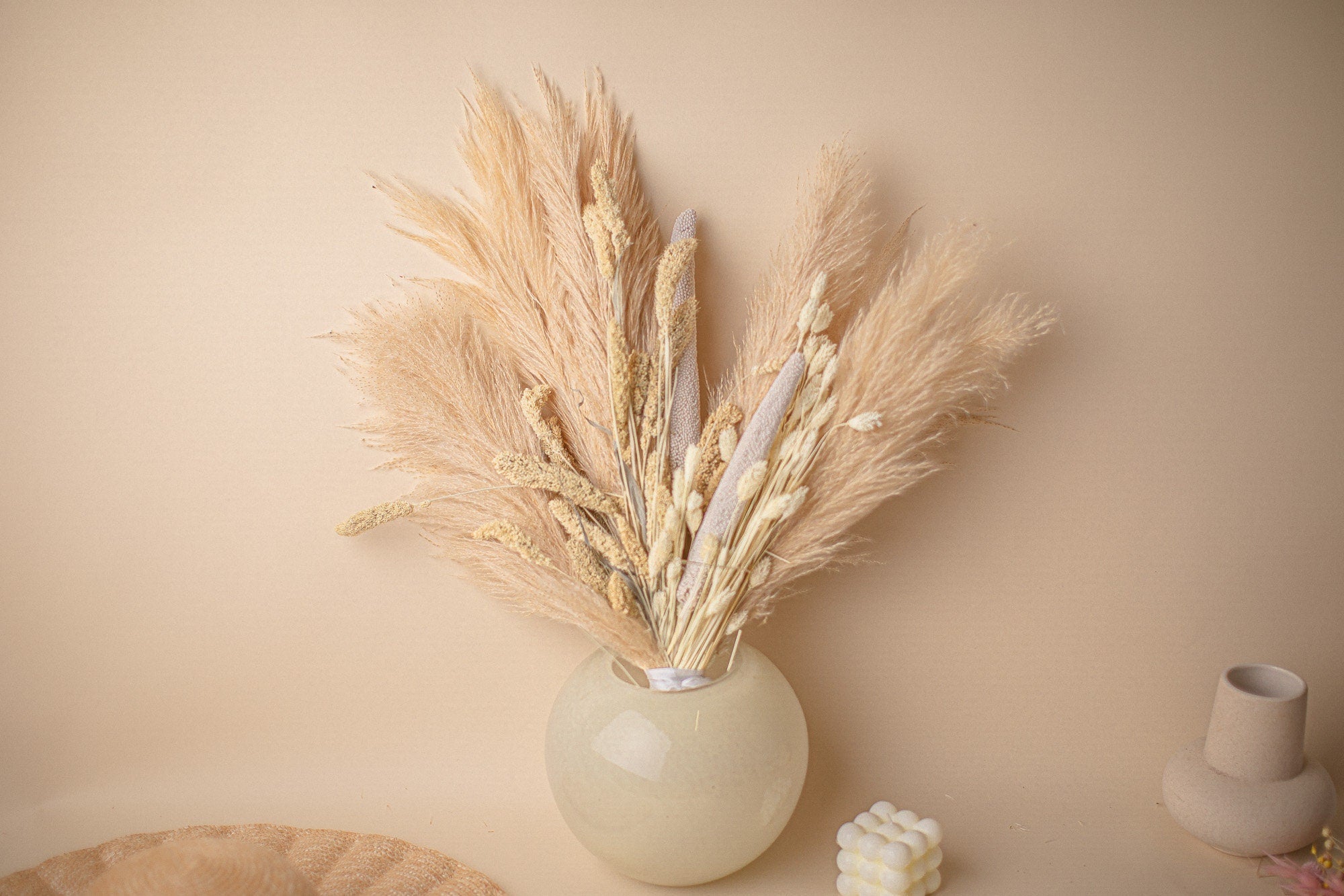 Pampas Grass & Babala Flowers Table Top Centerpiece / Pampas Grass Dried Grasses Bouquet