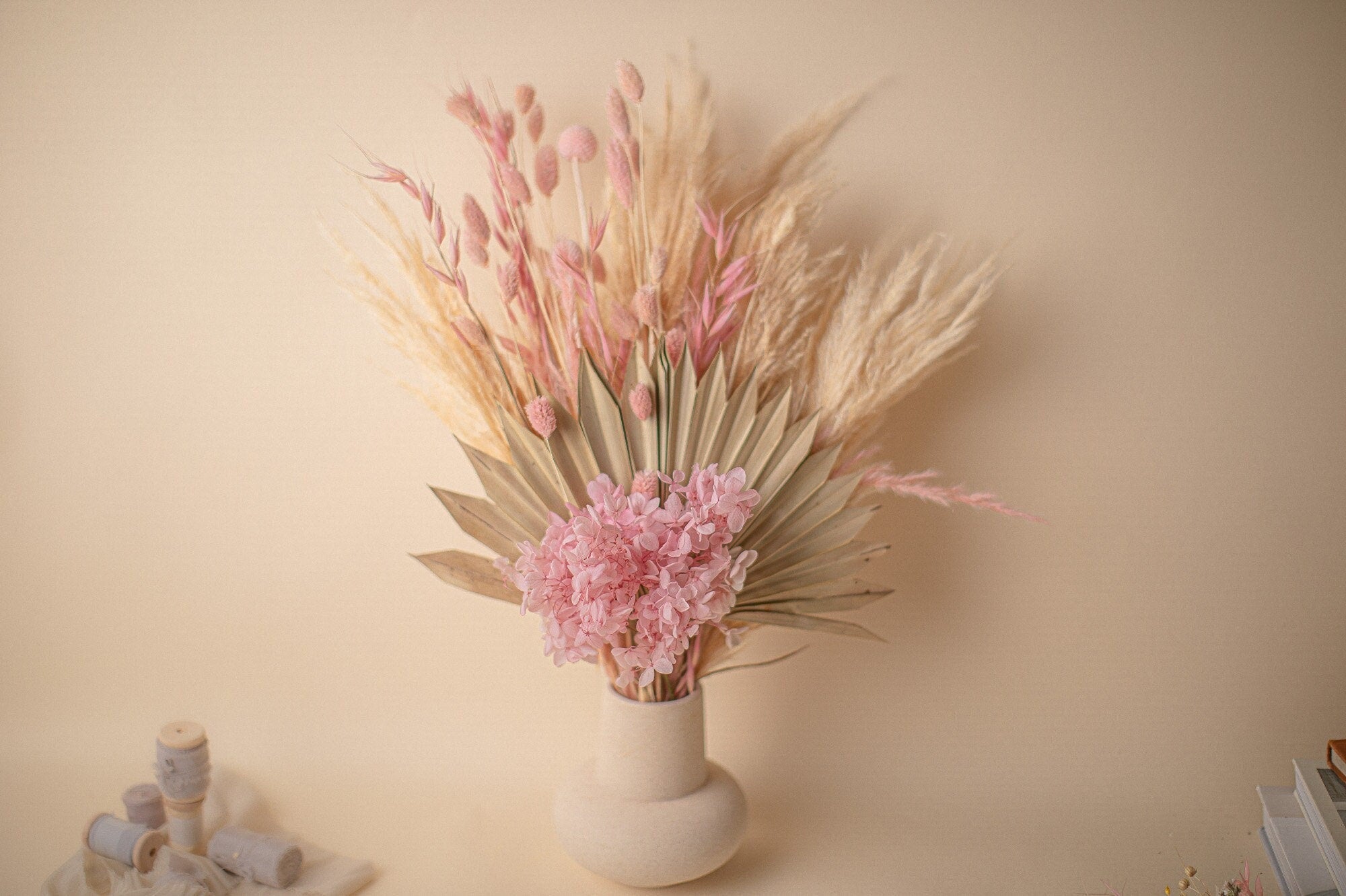 Cream & Pink Pampas Grass and Preserved Hydrangea Floral Vase Arrangment / Dried Flower Arrangment