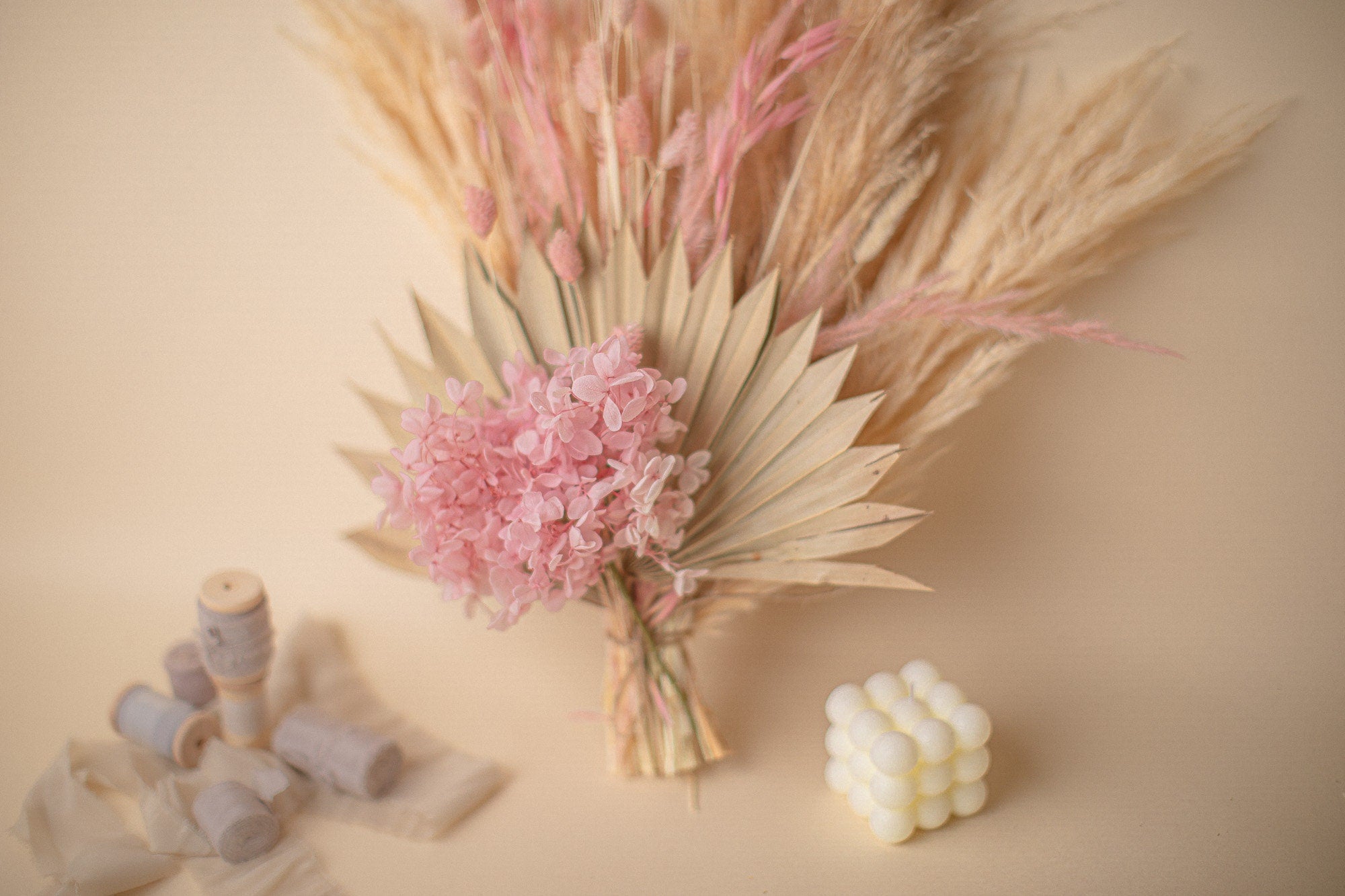 Cream & Pink Pampas Grass and Preserved Hydrangea Floral Vase Arrangment / Dried Flower Arrangment