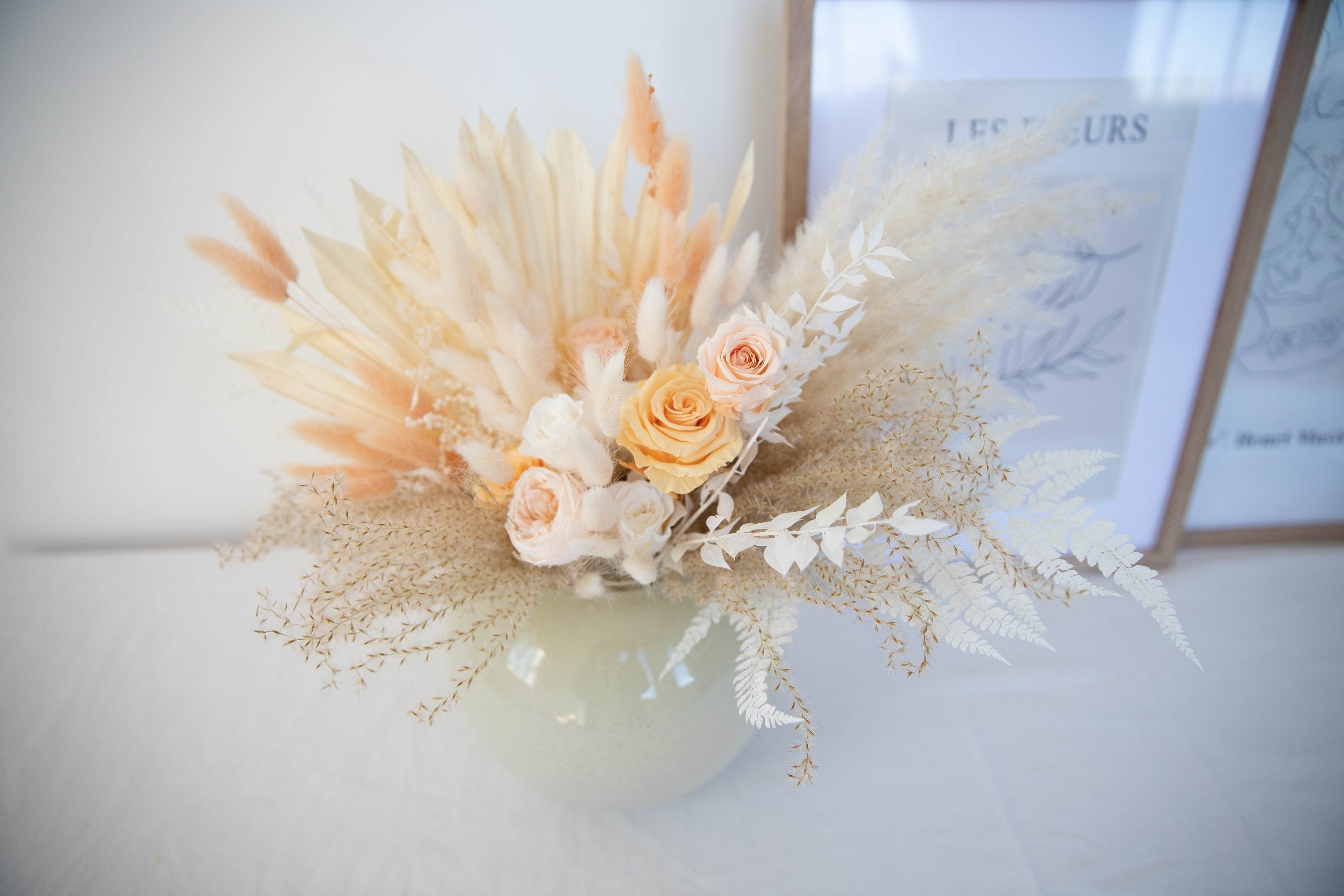 Pampas & Sun Palm Eternal Roses Wedding Centerpiece Table Top Decoration