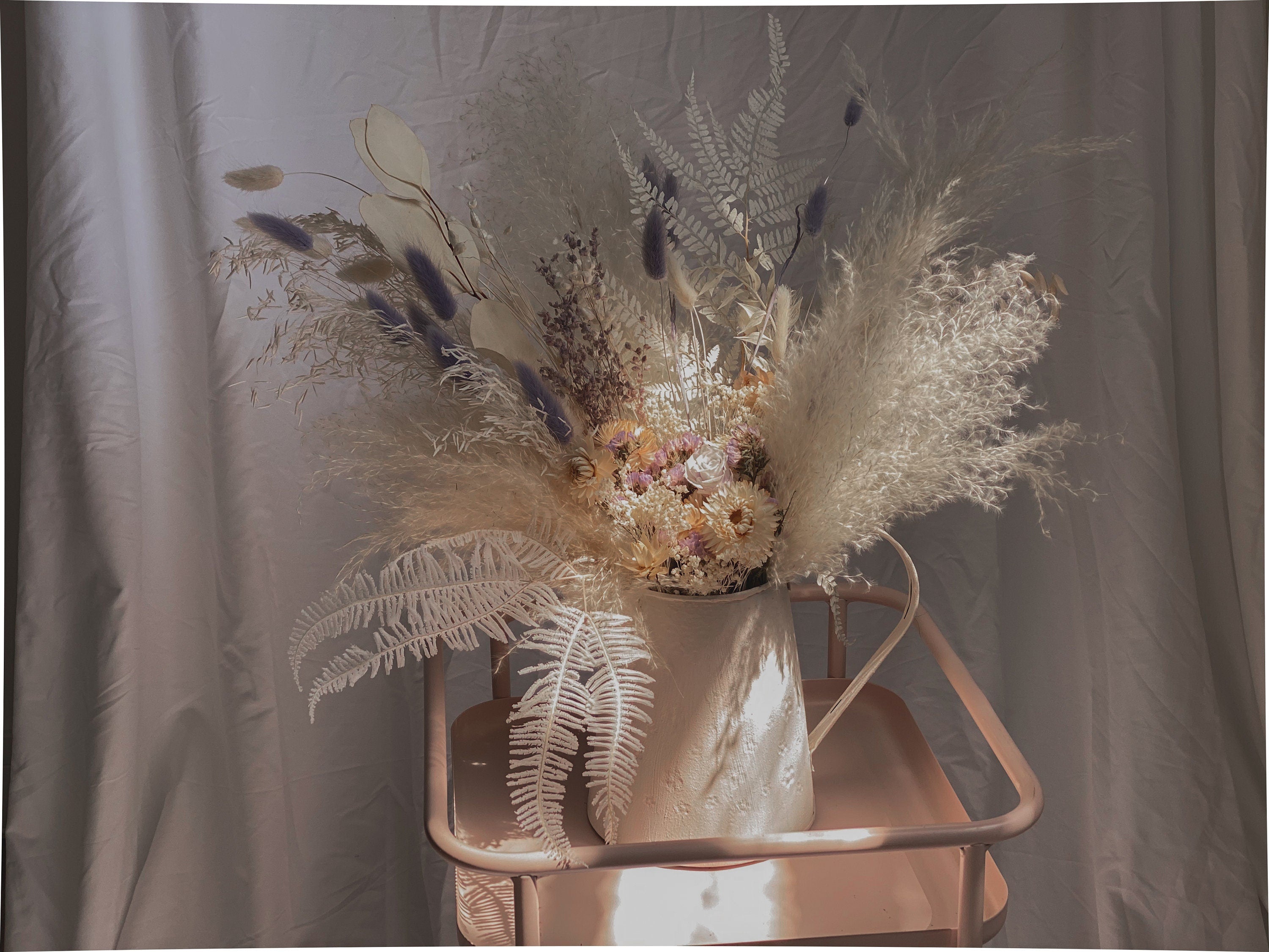 Natural Pastel Lilac Bunny Tails / White Helichrysum Floral Vase Arrangment / White Pampas Grass