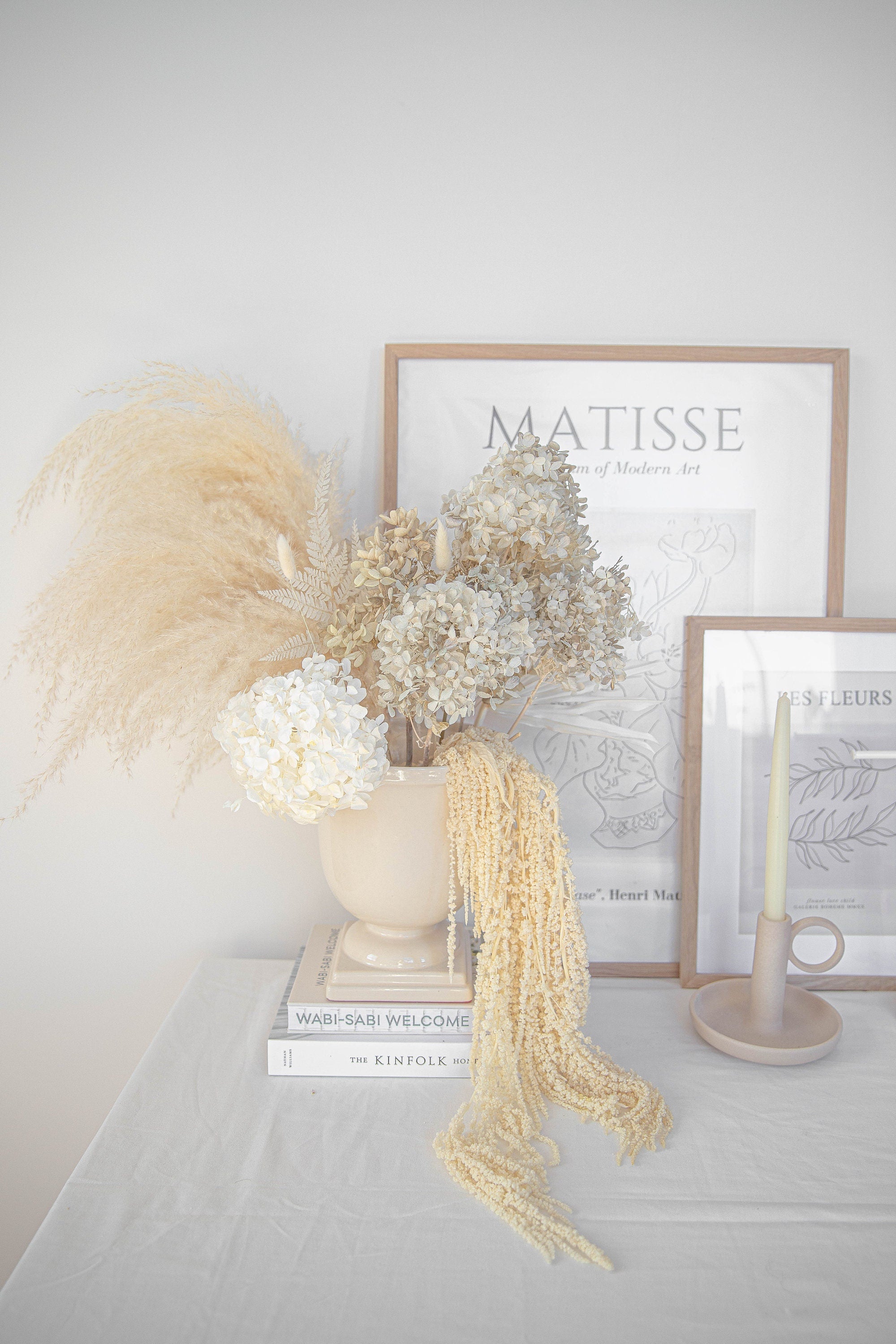 Preserved Hydrangea & Pampas Grass and Palm Spear Centerpiece and Vase Arrangement / Urn Decor For Wedding