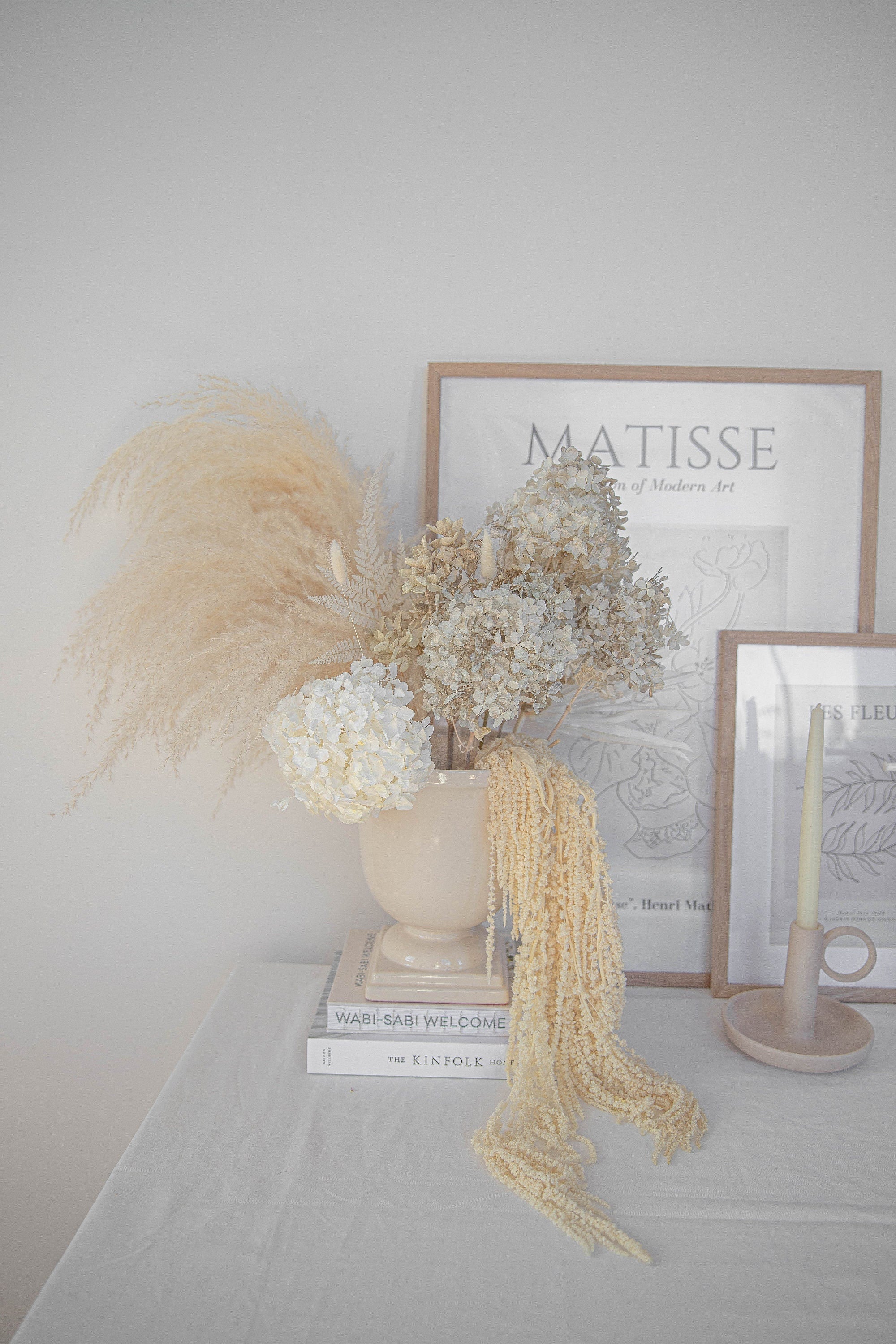 Preserved Hydrangea & Pampas Grass and Palm Spear Centerpiece and Vase Arrangement / Urn Decor For Wedding