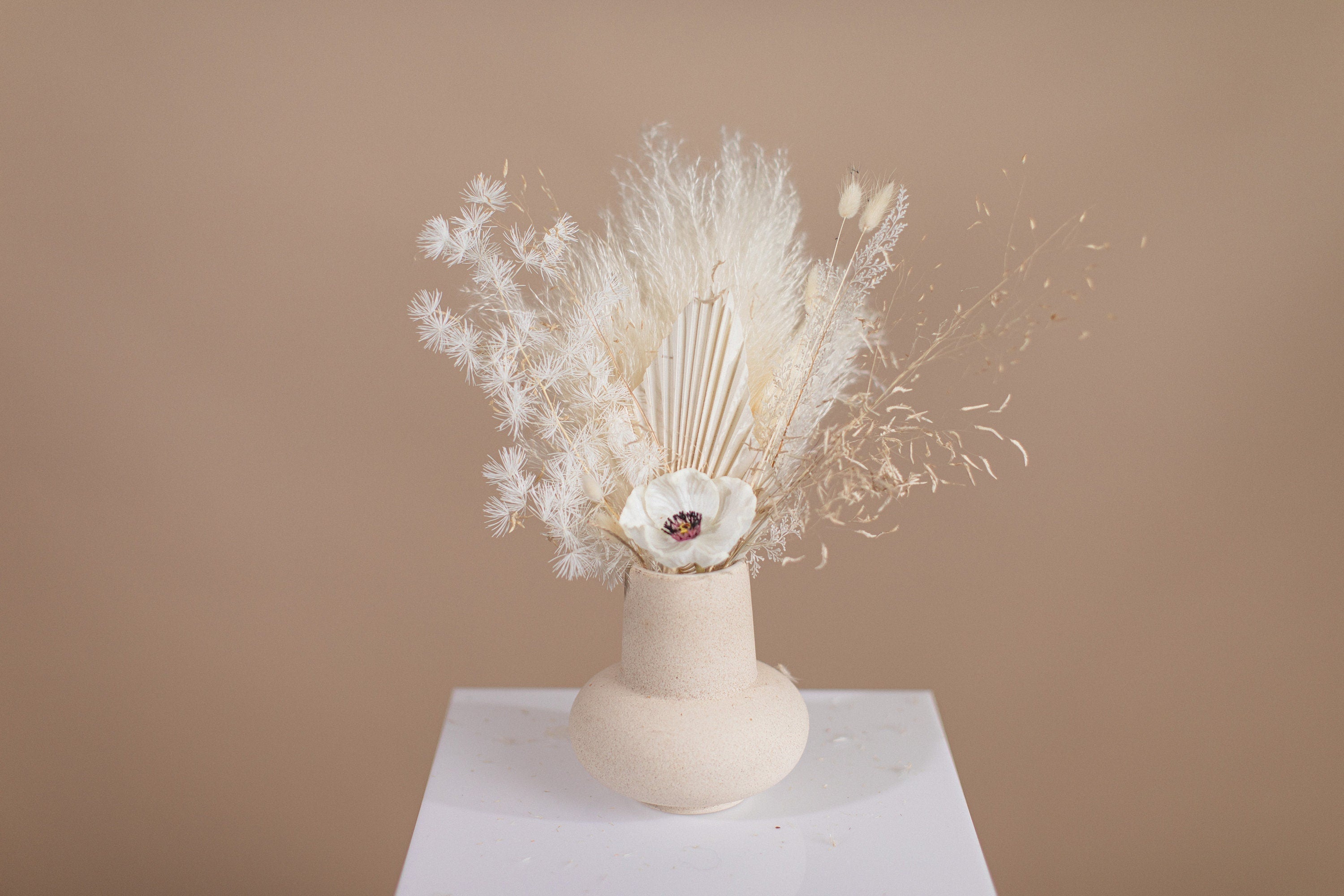 White Pampas & Silk Anemone Vase Arrangement / Boho Pampas Home Decoration