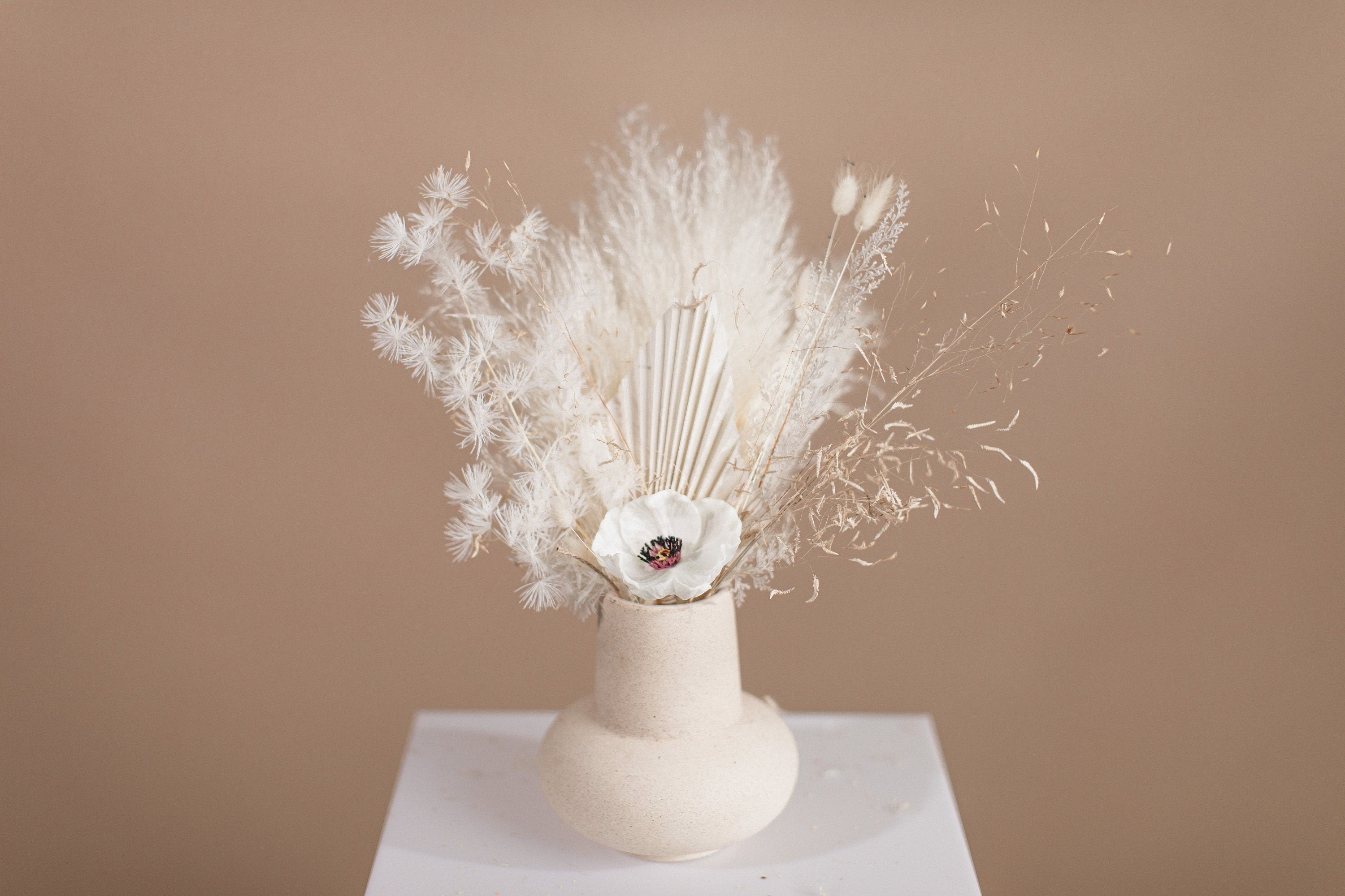 White Pampas & Silk Anemone Vase Arrangement / Boho Pampas Home Decoration