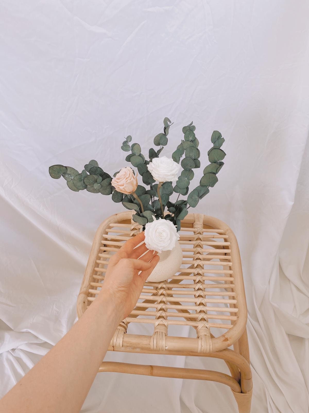 Real Dried Eucalyptus, Everlasting Eternal Preserved Roses Decoration Flower Arrangement / Nude and White Tones