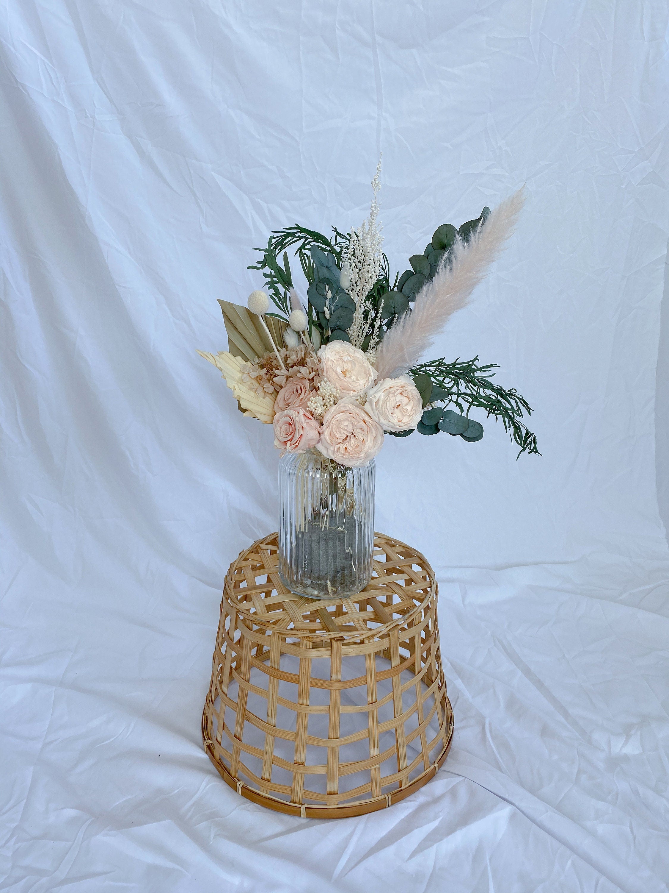 everlasting roses centre piece, Dried Eucalyptus Preserved English Roses Floral Vase Arrangment / Eternal Blossoms with Palm Spear