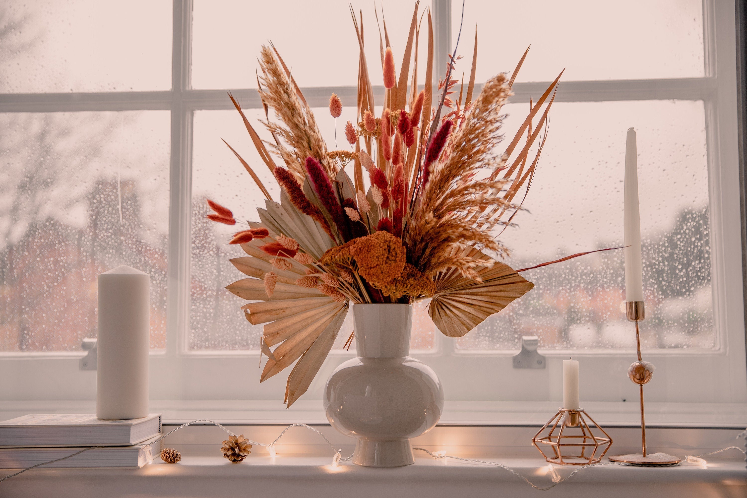 Burnt Orange Pampas Grass & Gold and Orange Large Dried Palm Leaf Centerpiece and Vase Arrangement