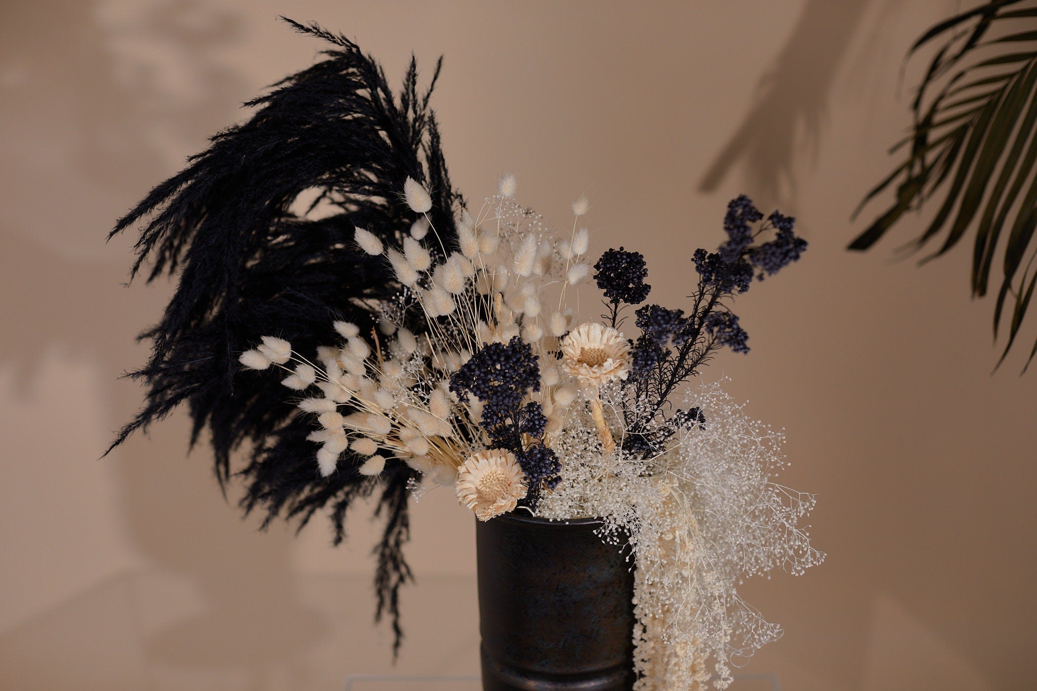 Black Wedding Statement Centerpiece with Trailing Amaranth & Black Pampas Grass