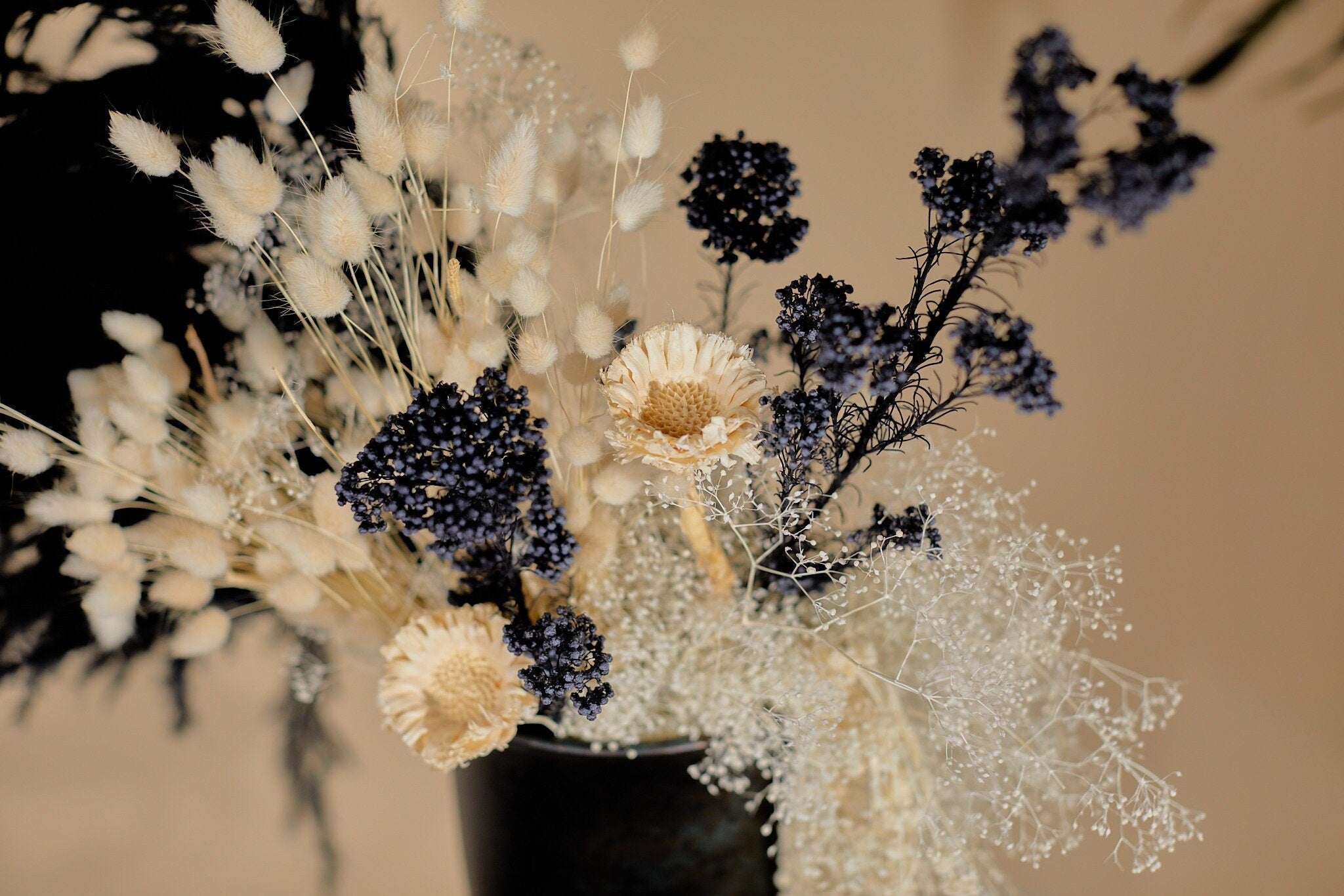 Black Wedding Statement Centerpiece with Trailing Amaranth & Black Pampas Grass