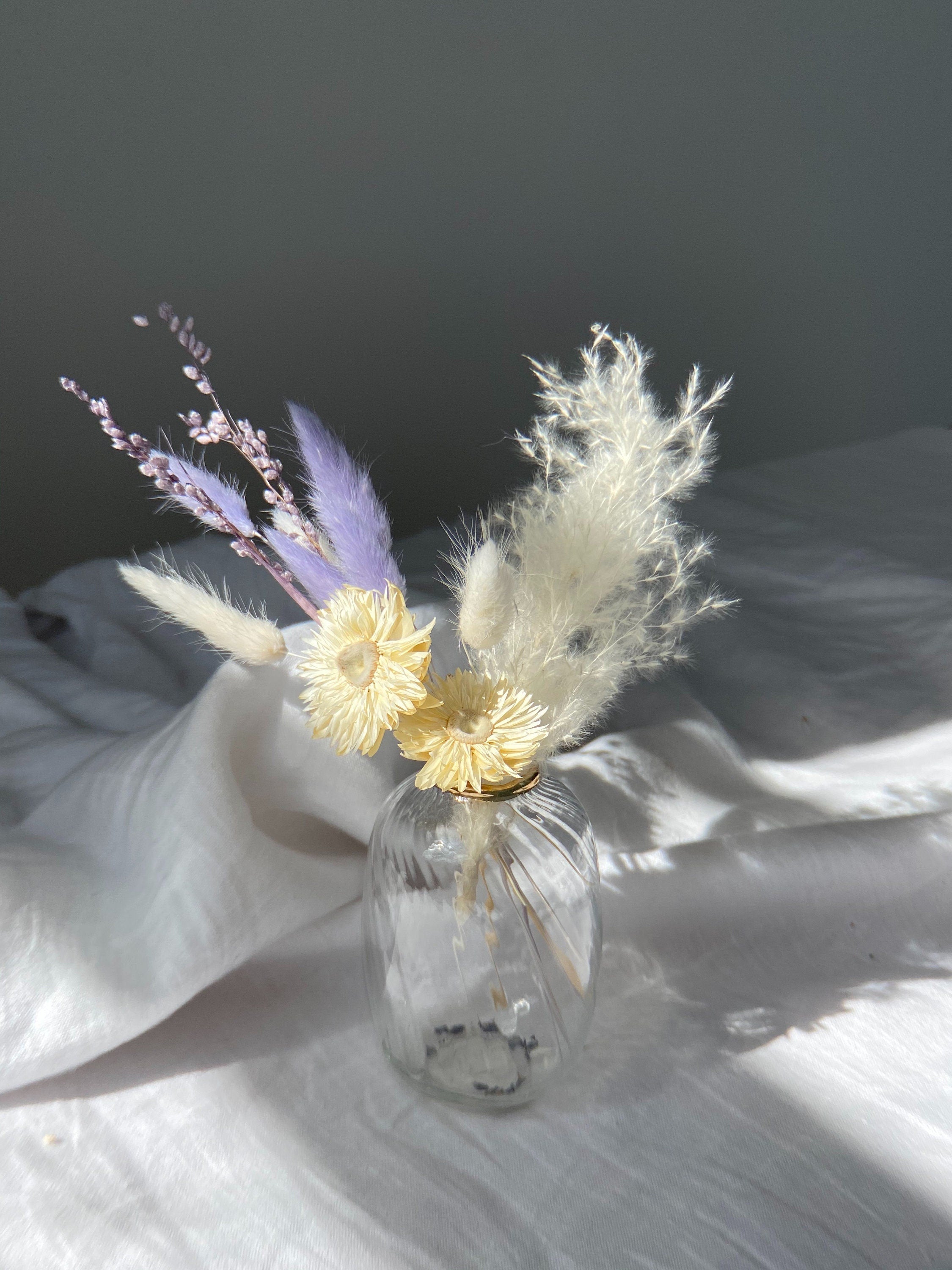 Natural Pastel Lilac Bunny Tails / White Helichrysum Floral Vase Arrangment / White Pampas Grass