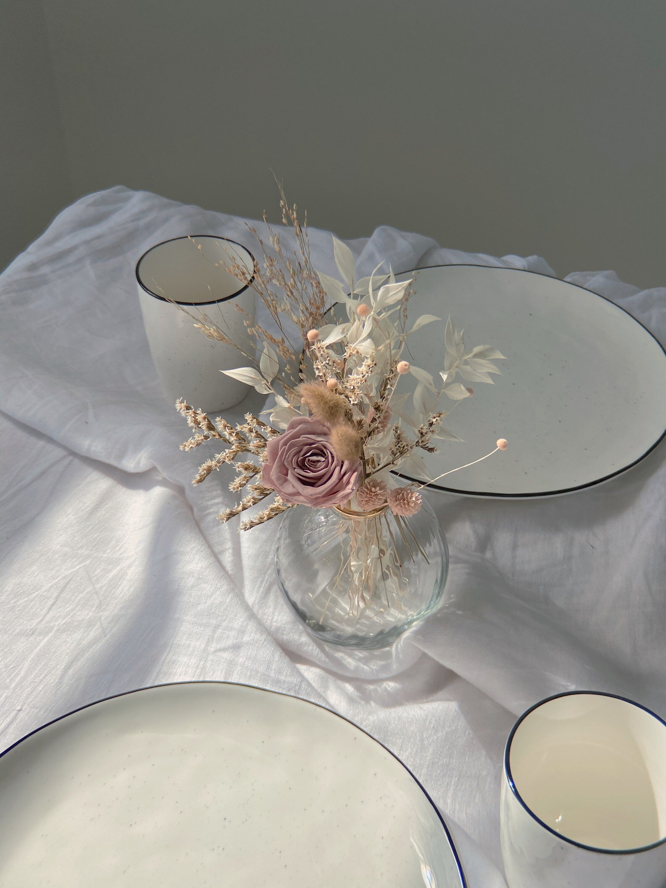 Preserved Eternal Rose Floral Vase Arrangment / Bleached Ruscus / Sea Lavender