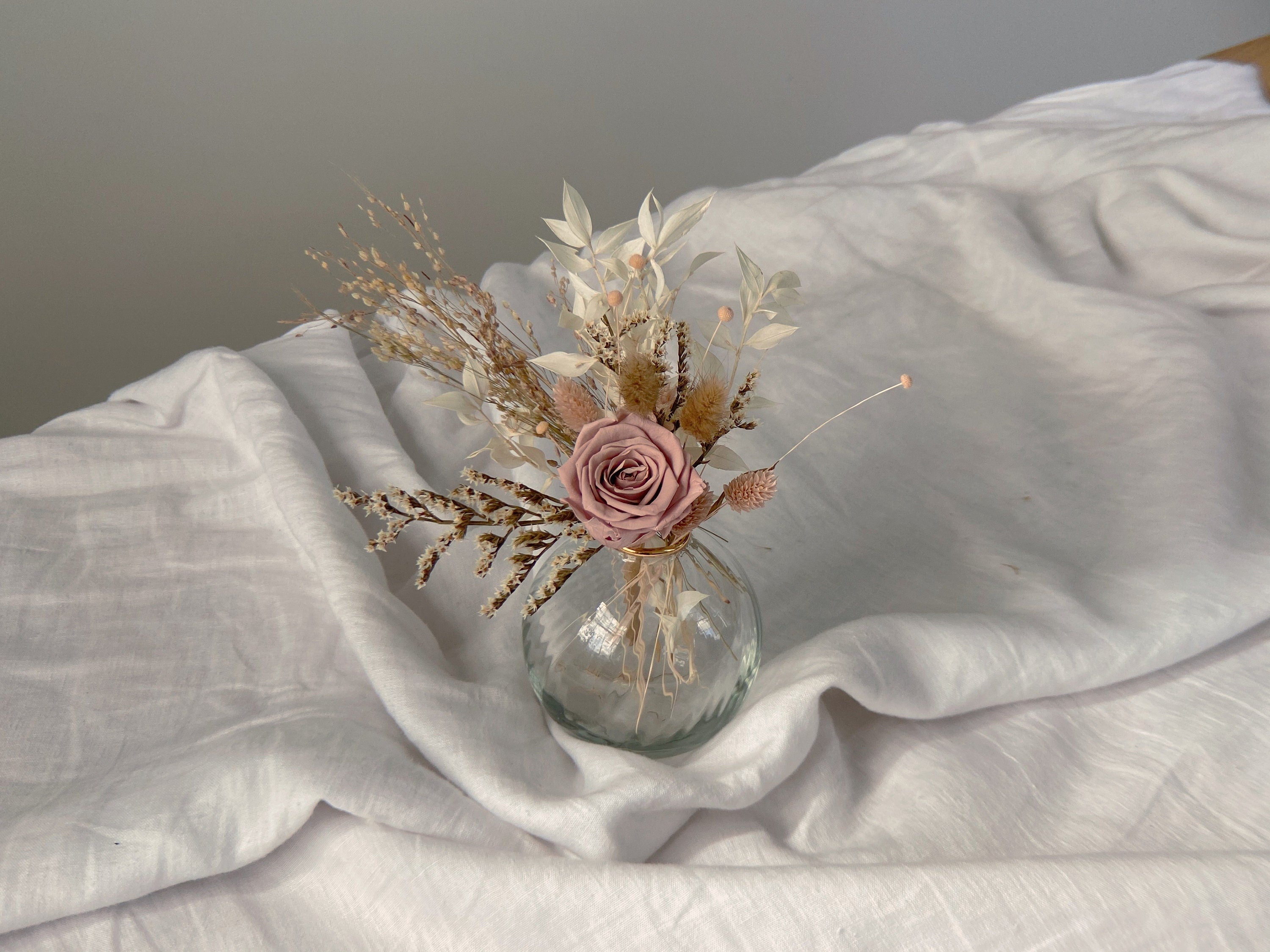 Preserved Eternal Rose Floral Vase Arrangment / Bleached Ruscus / Sea Lavender