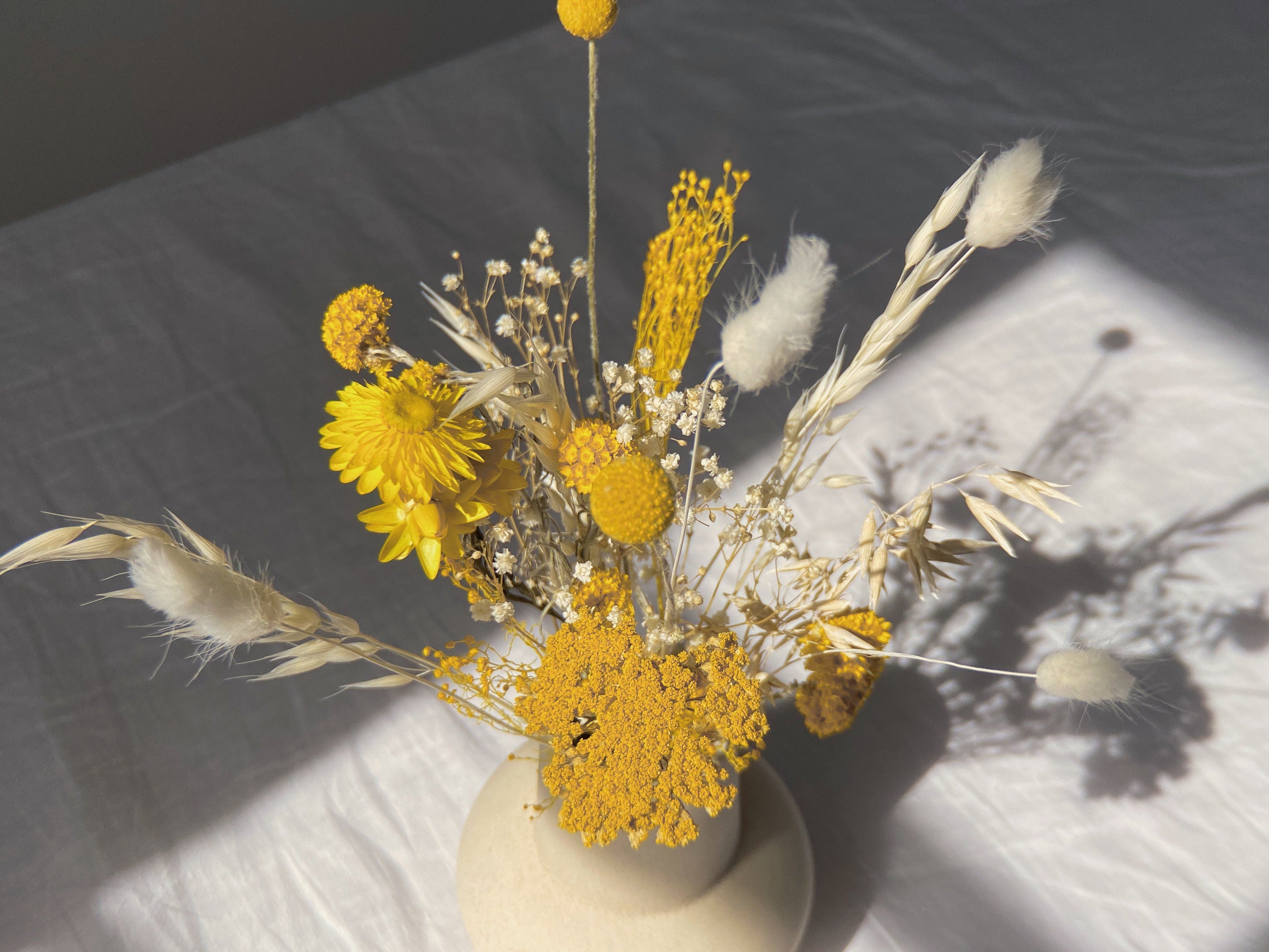 White Bunny Tail Floral Vase Arrangment / Yellow Yarrow Flower Home Decor / Billy Balls Home Decoration