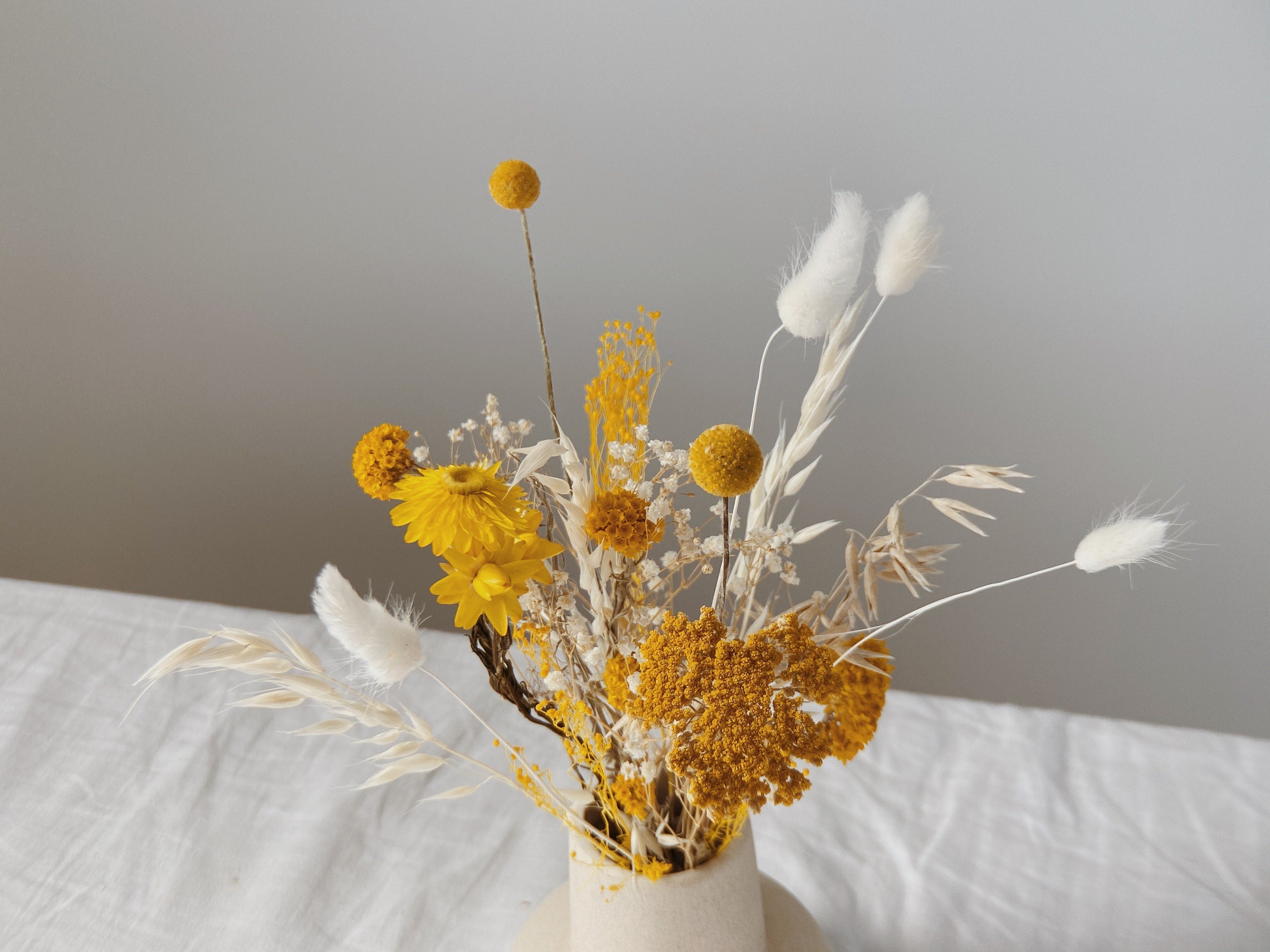 White Bunny Tail Floral Vase Arrangment / Yellow Yarrow Flower Home Decor / Billy Balls Home Decoration