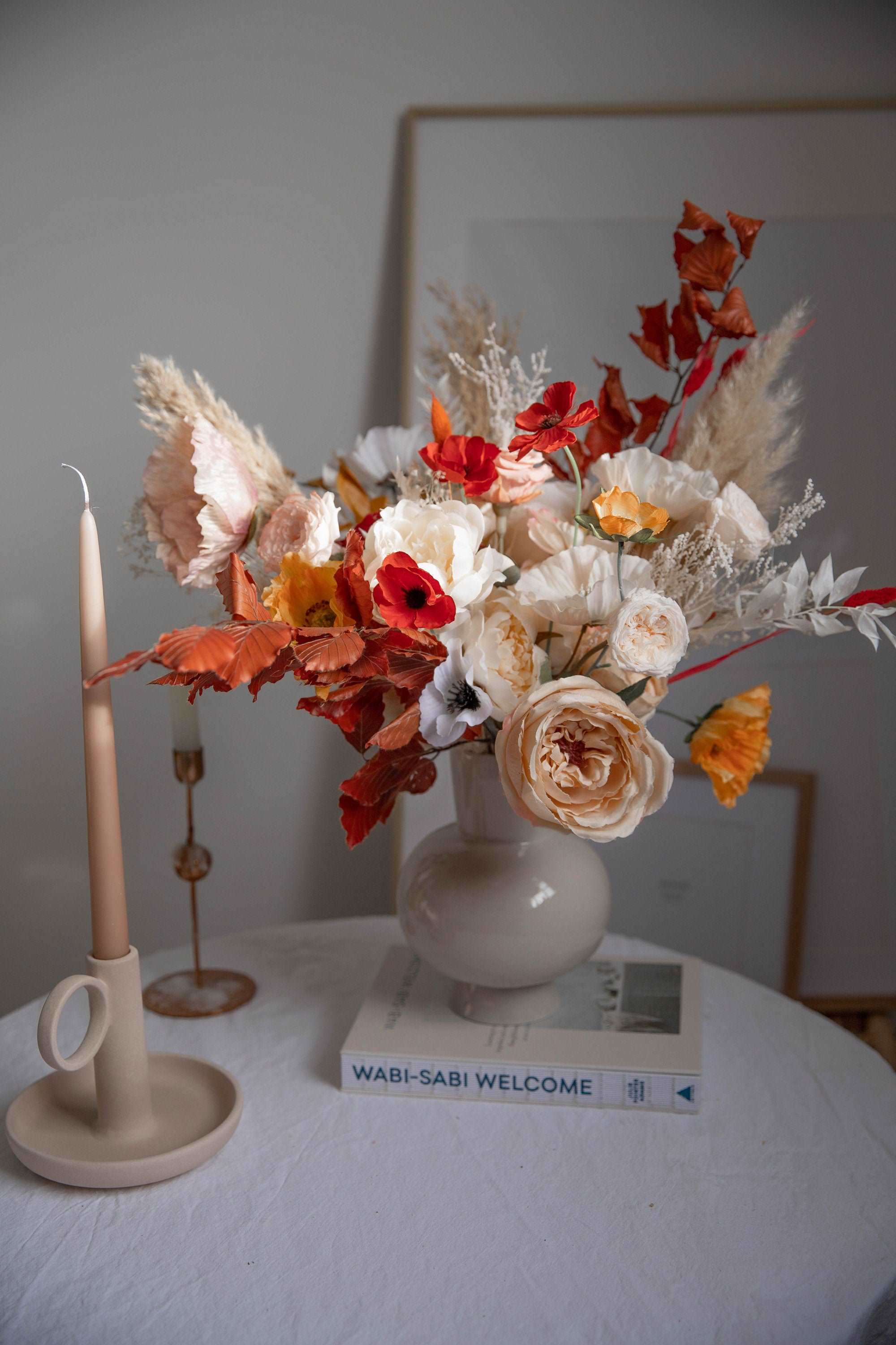 Colourful Dried & Artificial Flowers Vase Arrangement - Autumn Orange & Cream