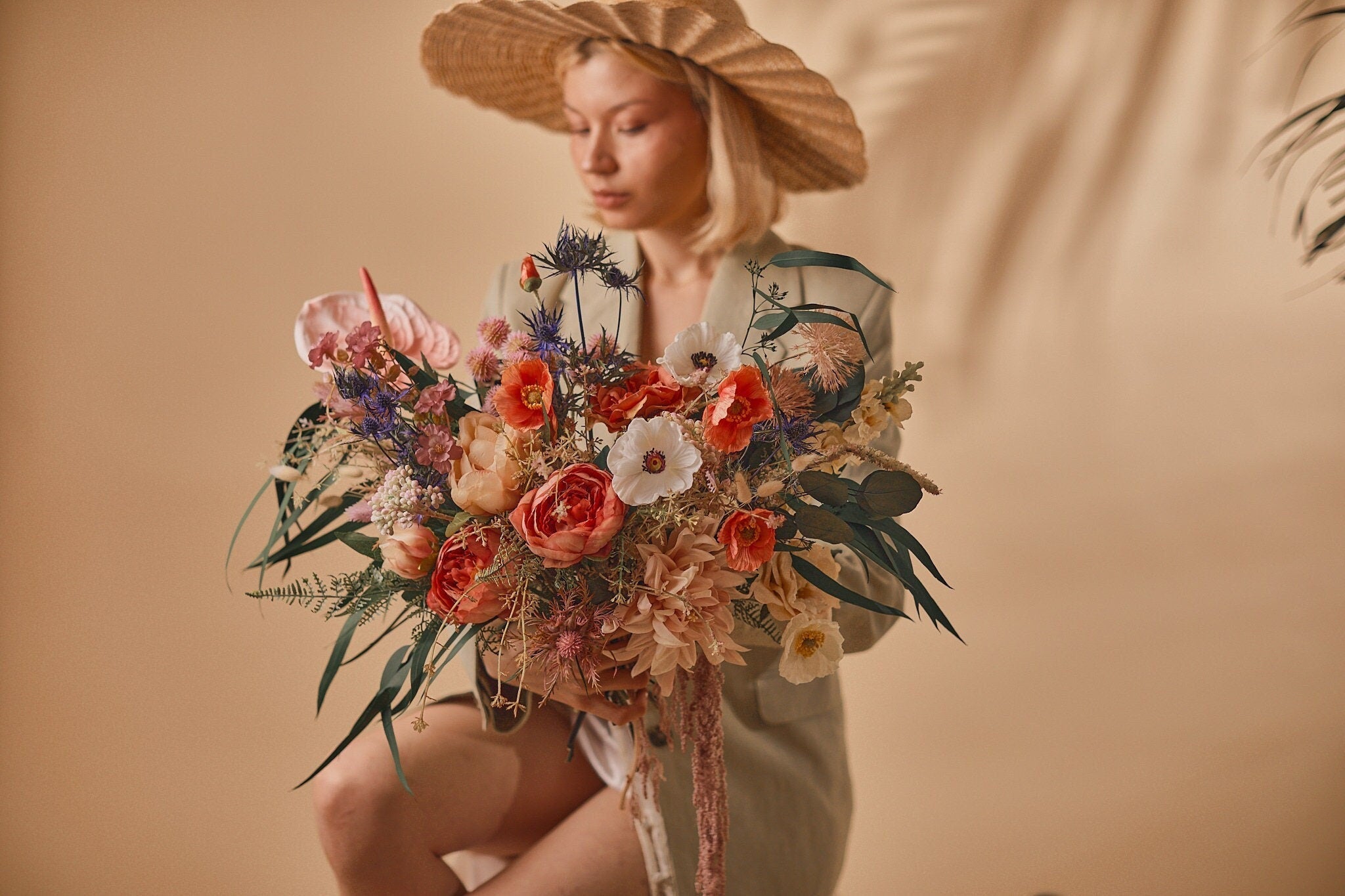 Colourful Dried & Artificial Flowers Vase Arrangement - Burnt Orange & Red