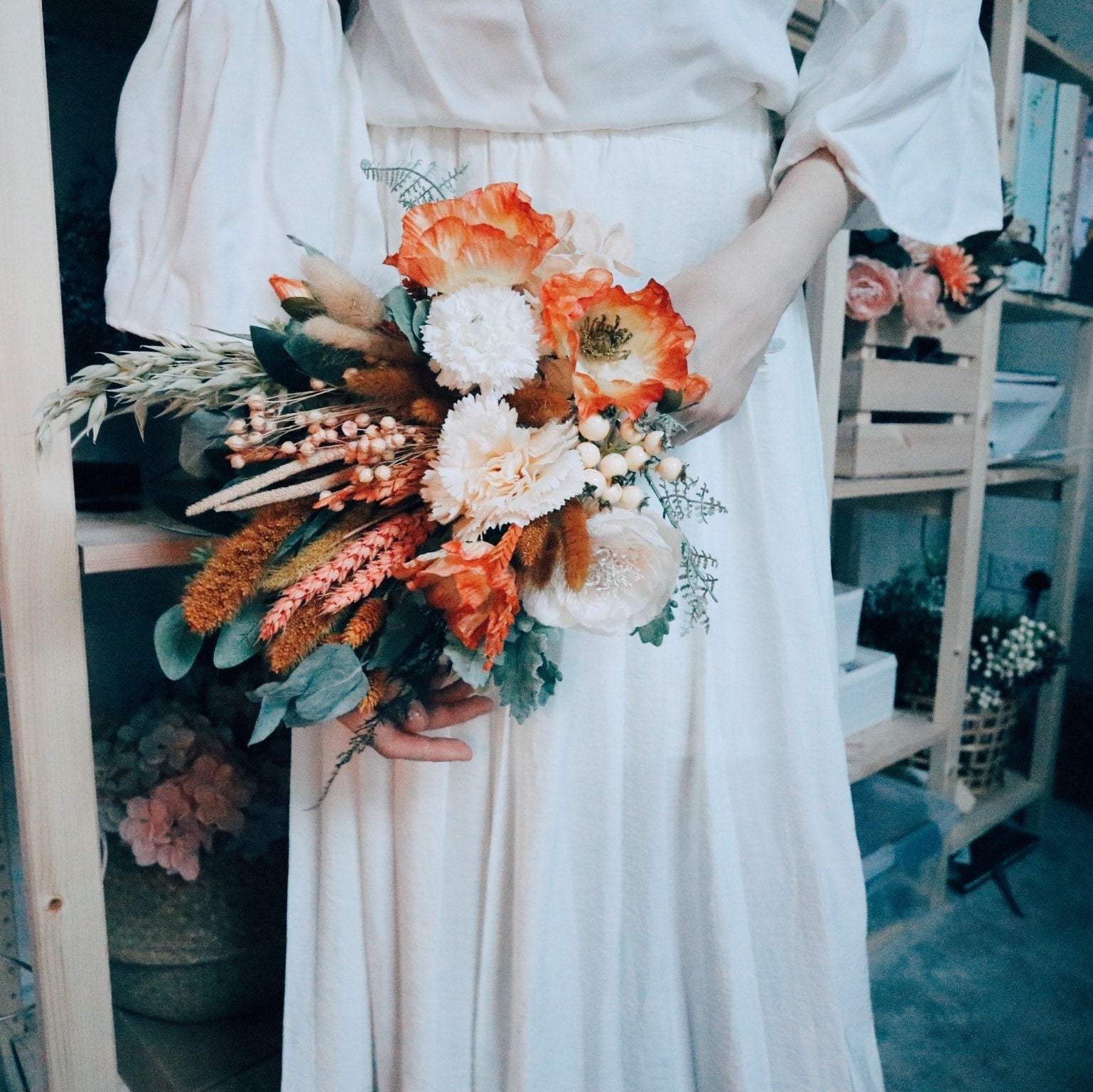 Colourful Dried & Artificial Flowers Vase Arrangement - Burnt Orange & Green No. 1