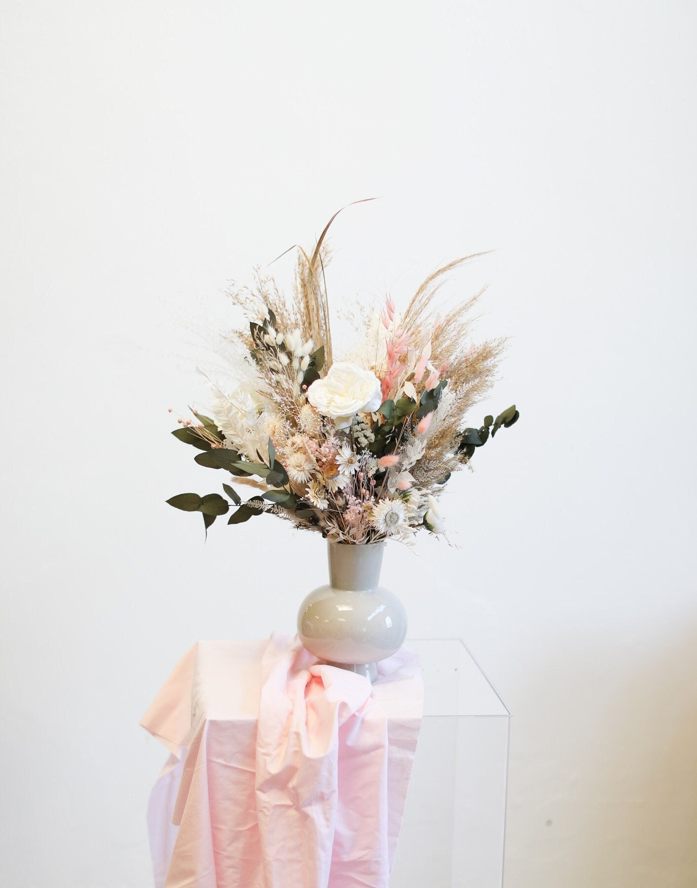 Colourful Dried & Artificial Flowers Vase Arrangement - Off-White & Pink