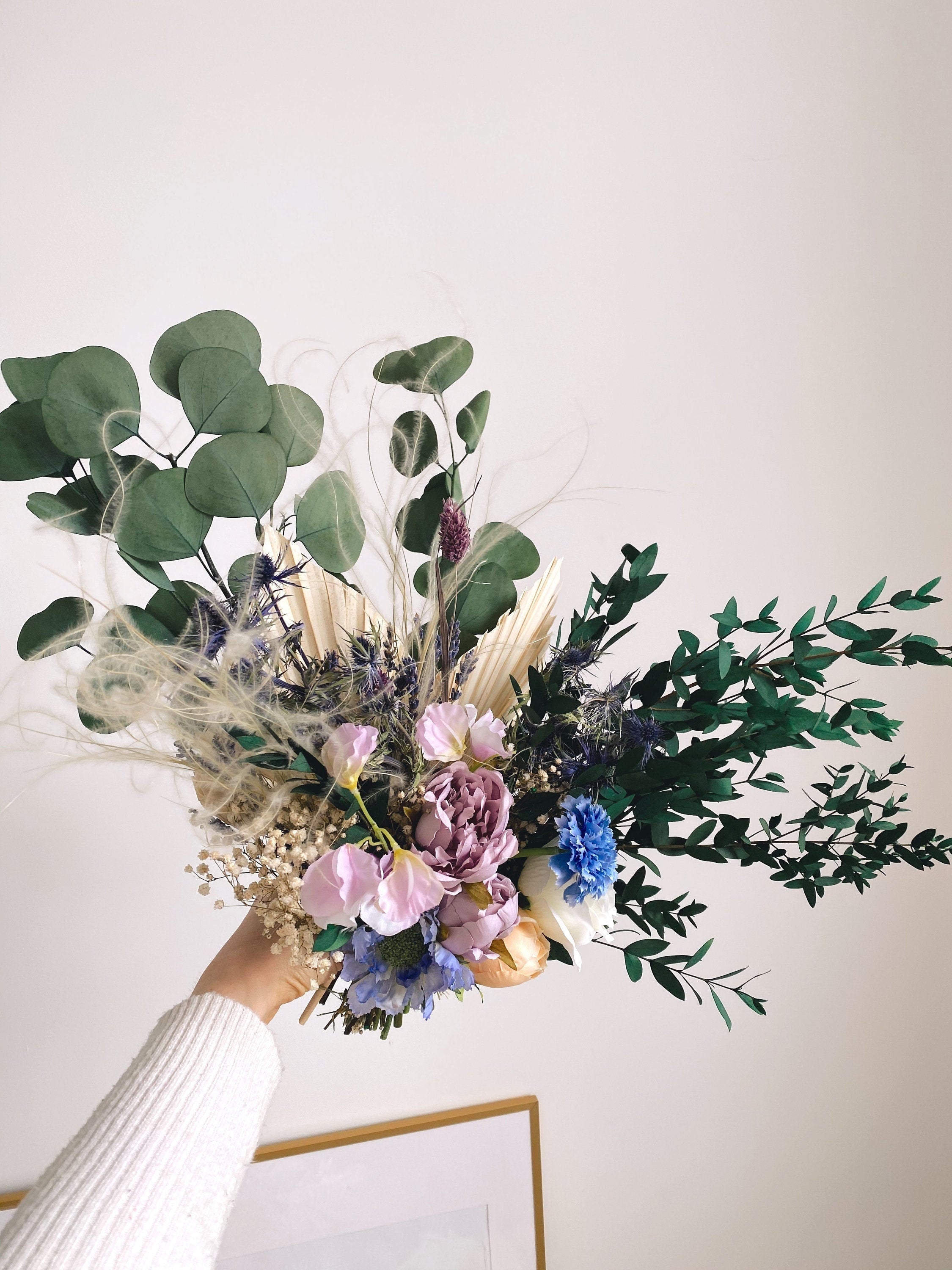 Colourful Dried & Artificial Flowers Vase Arrangement - Pastel Lilac & Green