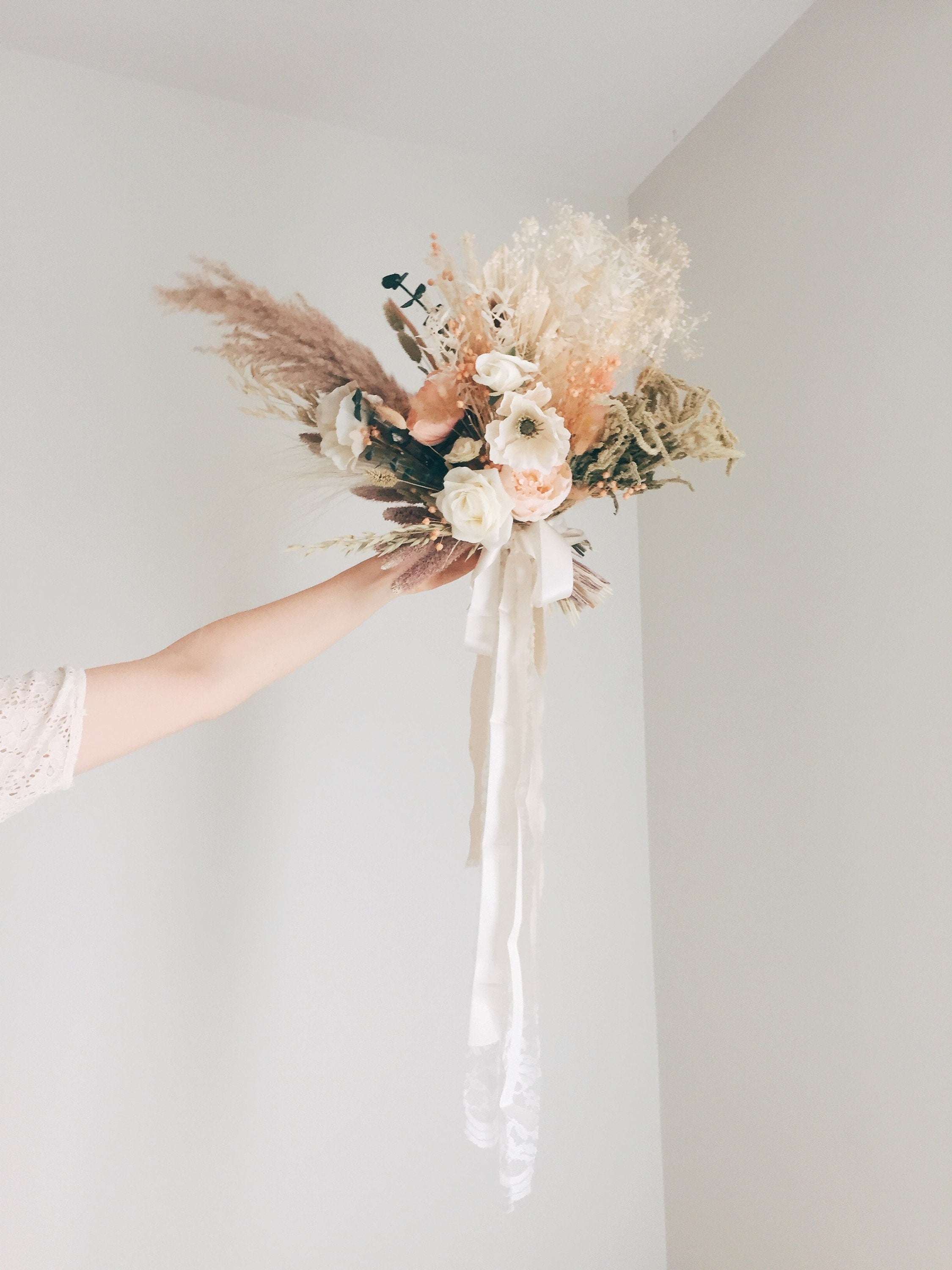 Colourful Dried & Artificial Flowers Vase Arrangement - Sandy Cream & Peach