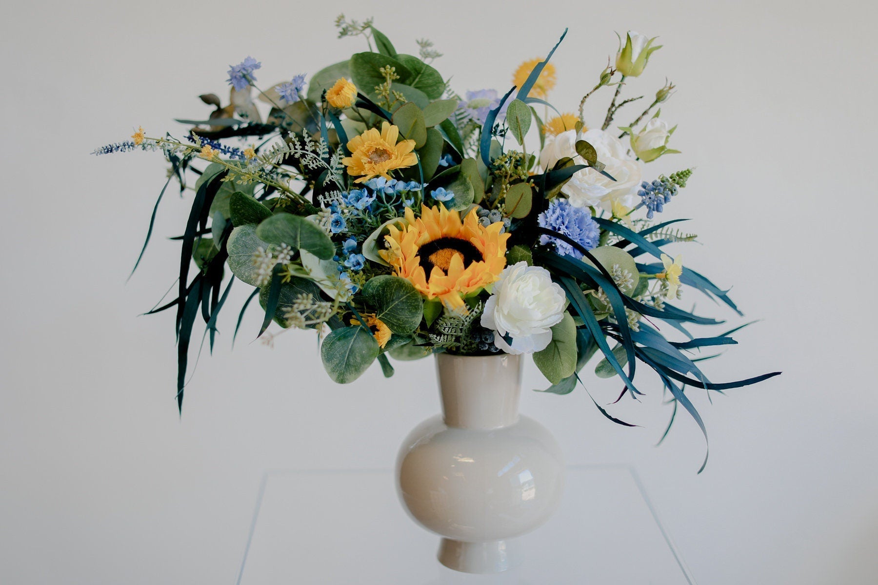 Colourful Dried & Artificial Flowers Vase Arrangement - Sunshine Yellow & Green