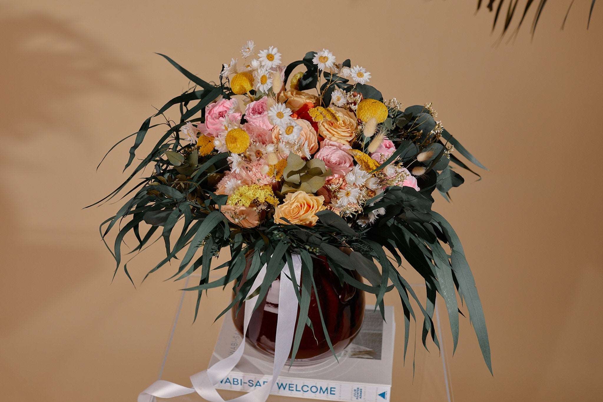 Colourful Dried Flowers Vase Arrangement - Forest Green & Peach