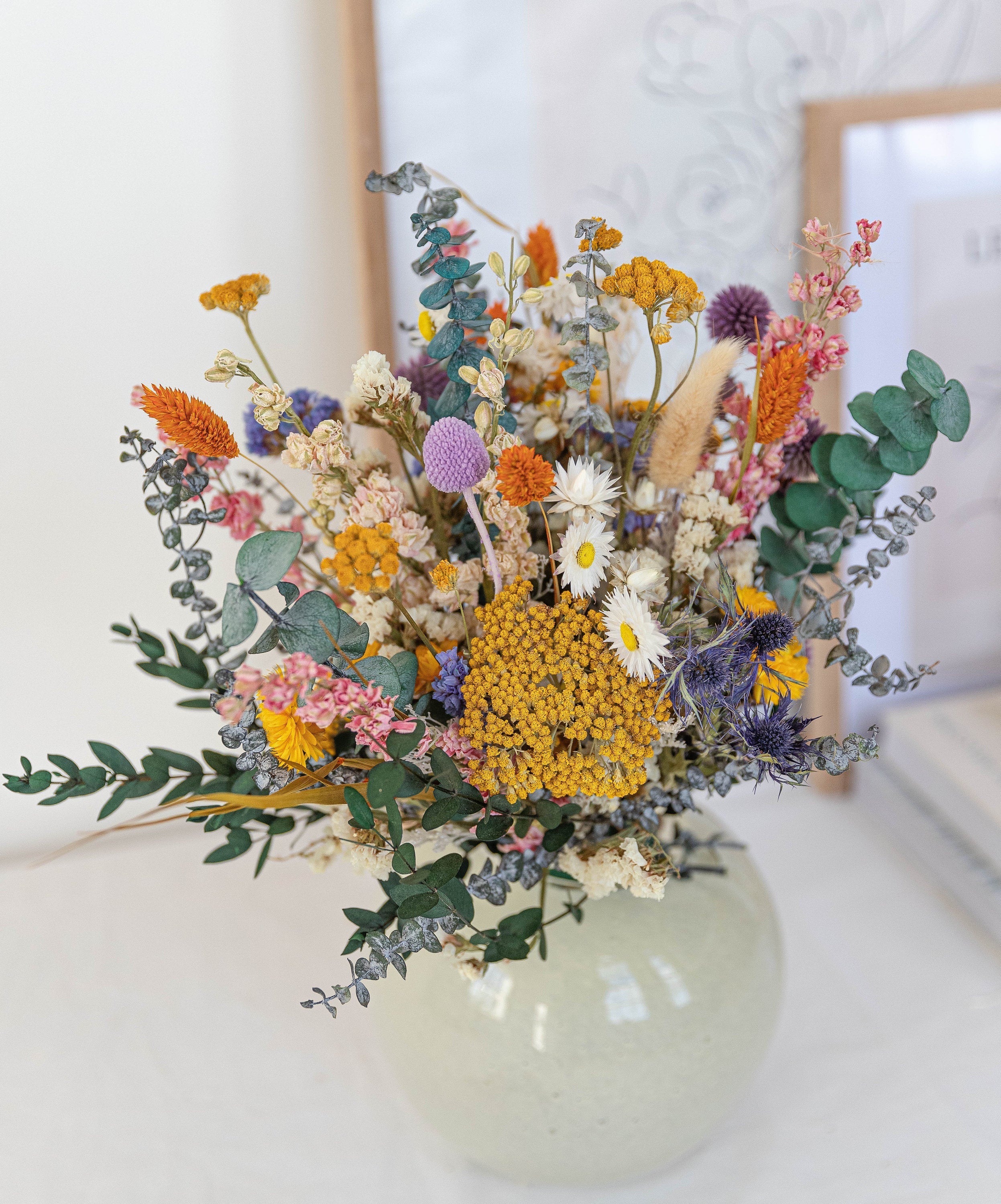 Colourful Dried Flowers Vase Arrangement - Forest Green & Yellow