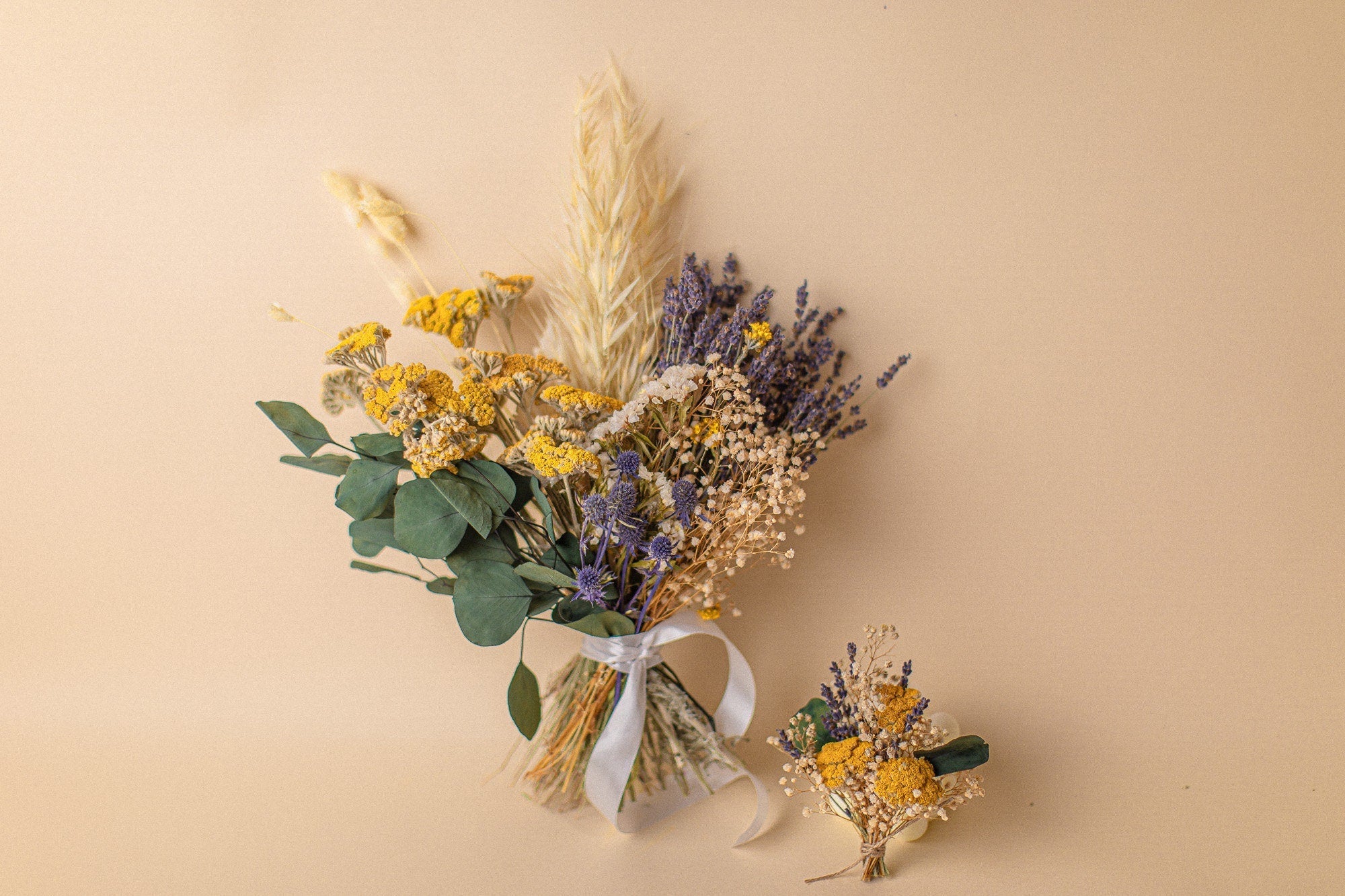 Colourful Dried Flowers Vase Arrangement - Lavender Purple & Yellow