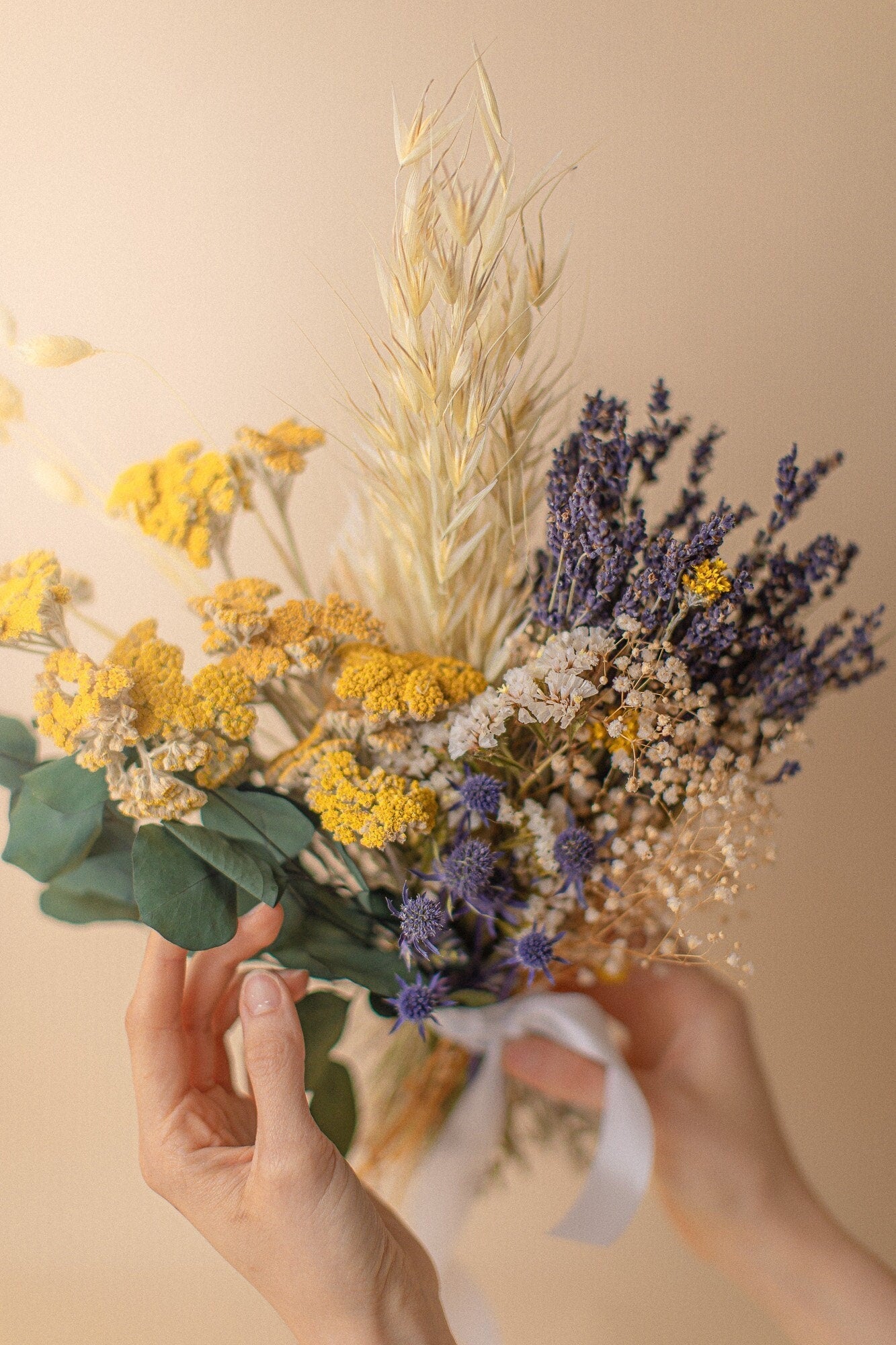 Colourful Dried Flowers Vase Arrangement - Lavender Purple & Yellow