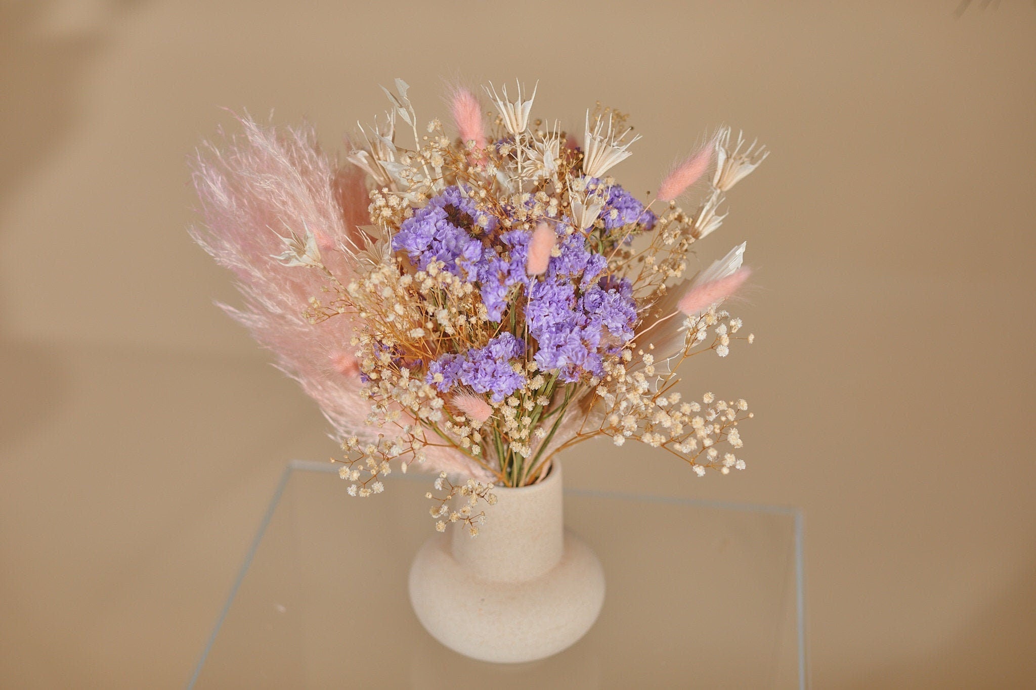 Colourful Dried Flowers Vase Arrangement - Pastel Pink & Purple No. 2