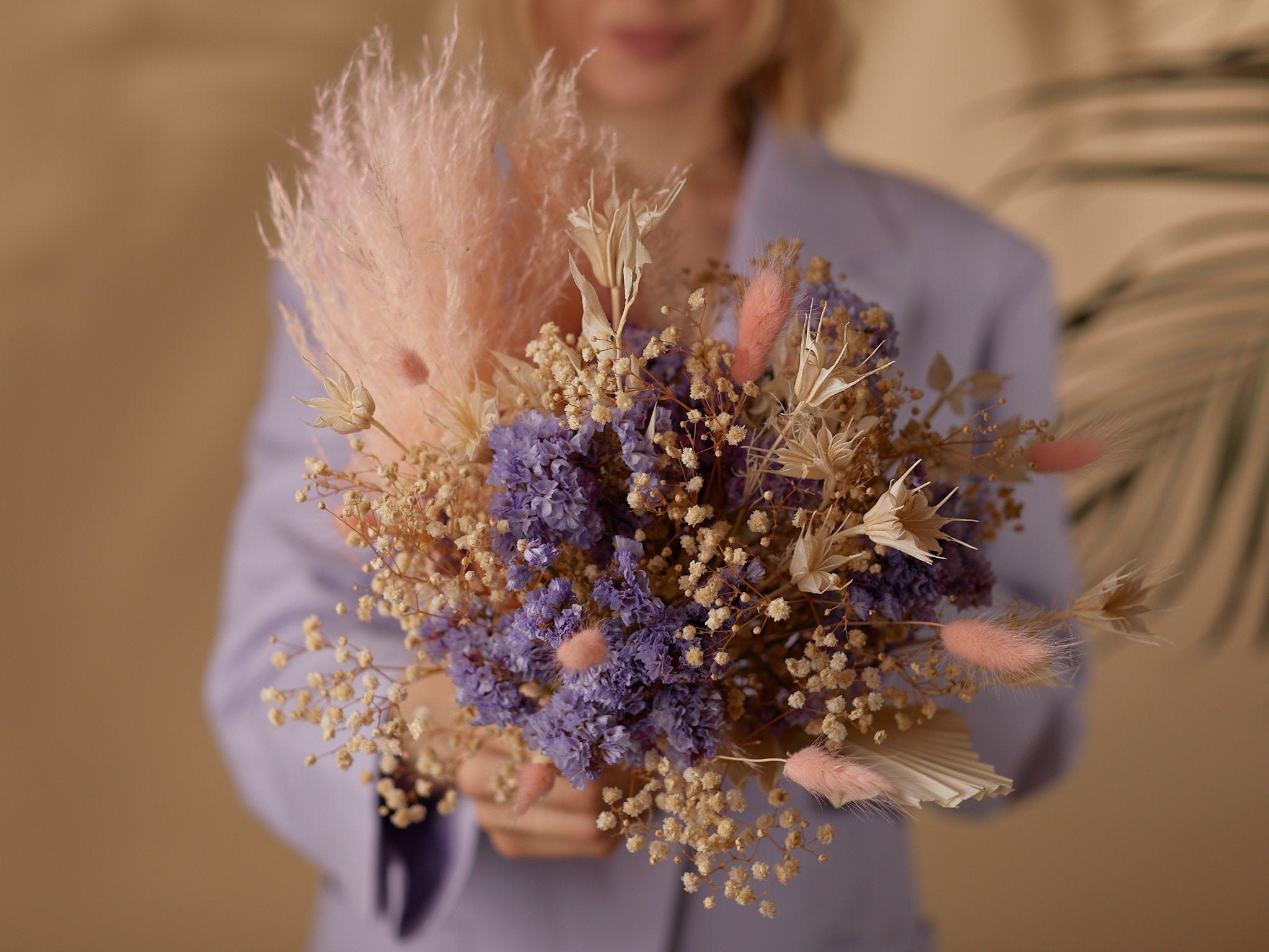 Colourful Dried Flowers Vase Arrangement - Pastel Pink & Purple No. 2