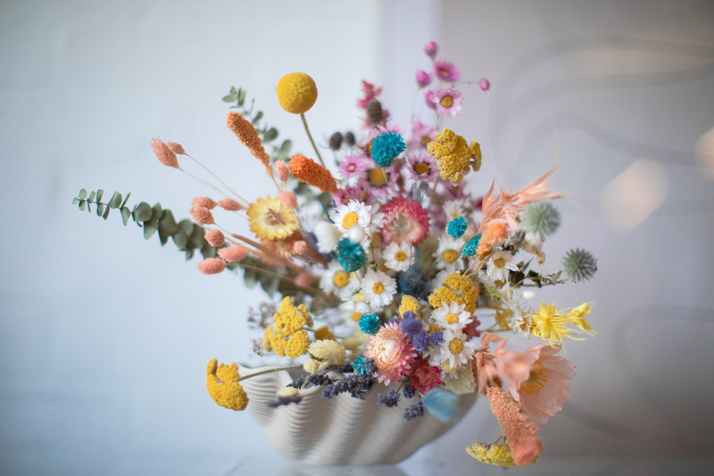 Colourful Dried Flowers Vase Arrangement - Teal Blue & Yellow