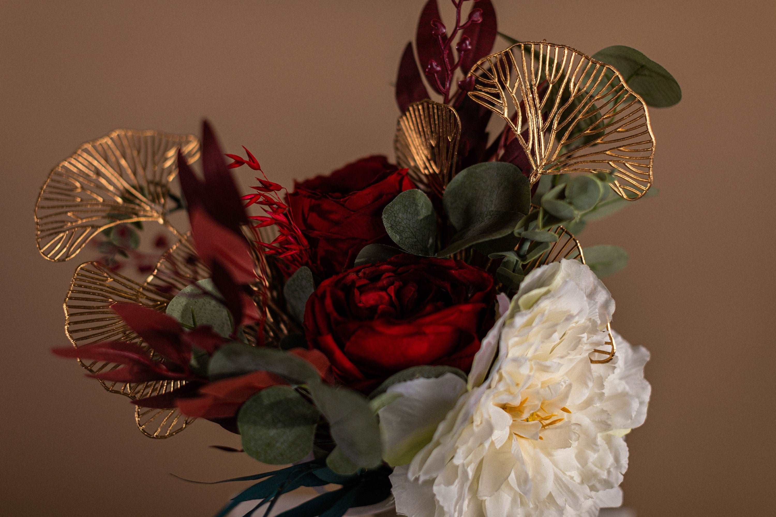 Dried & Artificial Flowers Vase Arrangement - Burgundy Red & Green