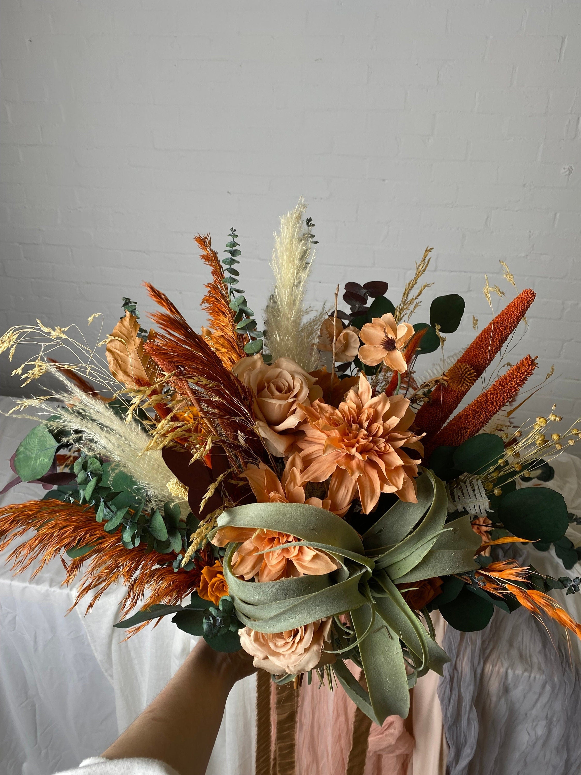 Dried & Artificial Flowers Vase Arrangement - Burnt Orange & Green No. 3