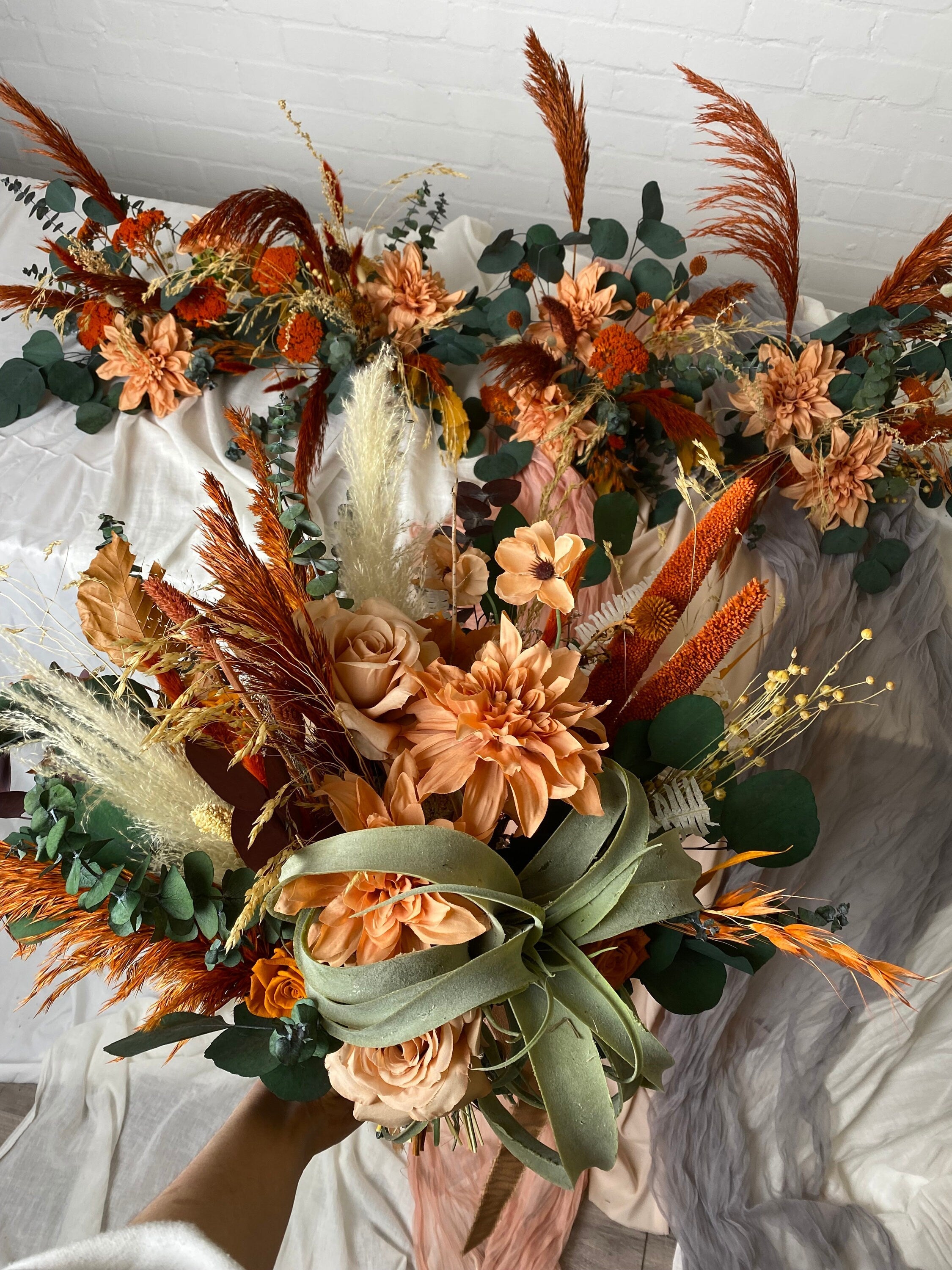 Dried & Artificial Flowers Vase Arrangement - Burnt Orange & Green No. 3