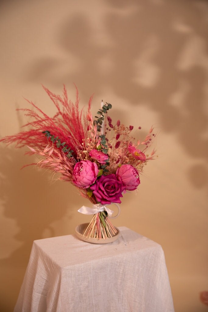 Dried & Artificial Flowers Vase Arrangement - Hot Pink & Green