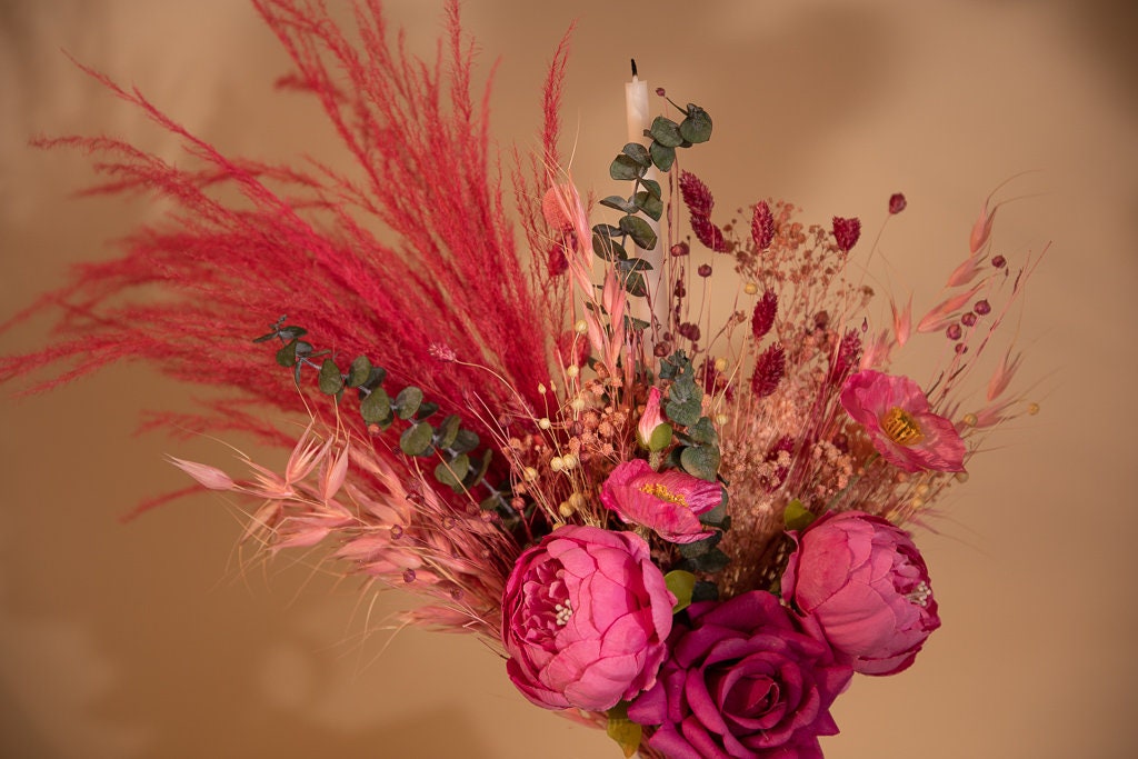 Dried & Artificial Flowers Vase Arrangement - Hot Pink & Green