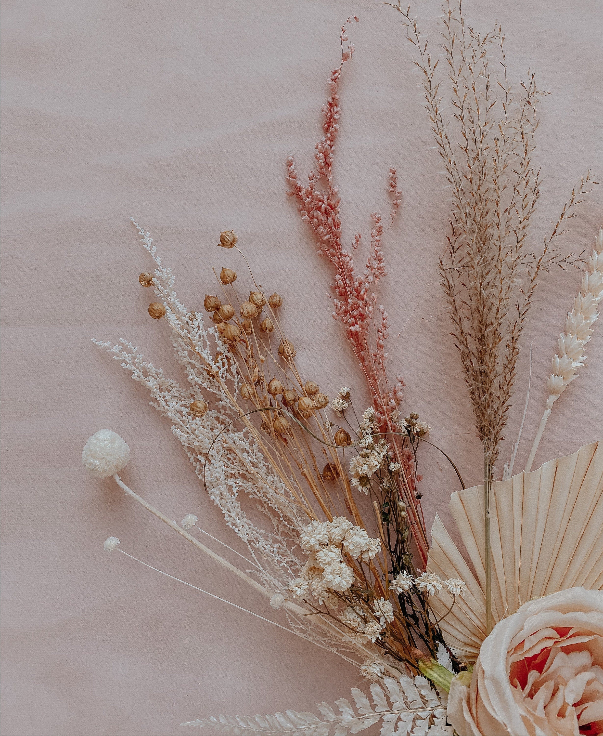 Dried & Artificial Flowers Vase Arrangement - Light Peach & White