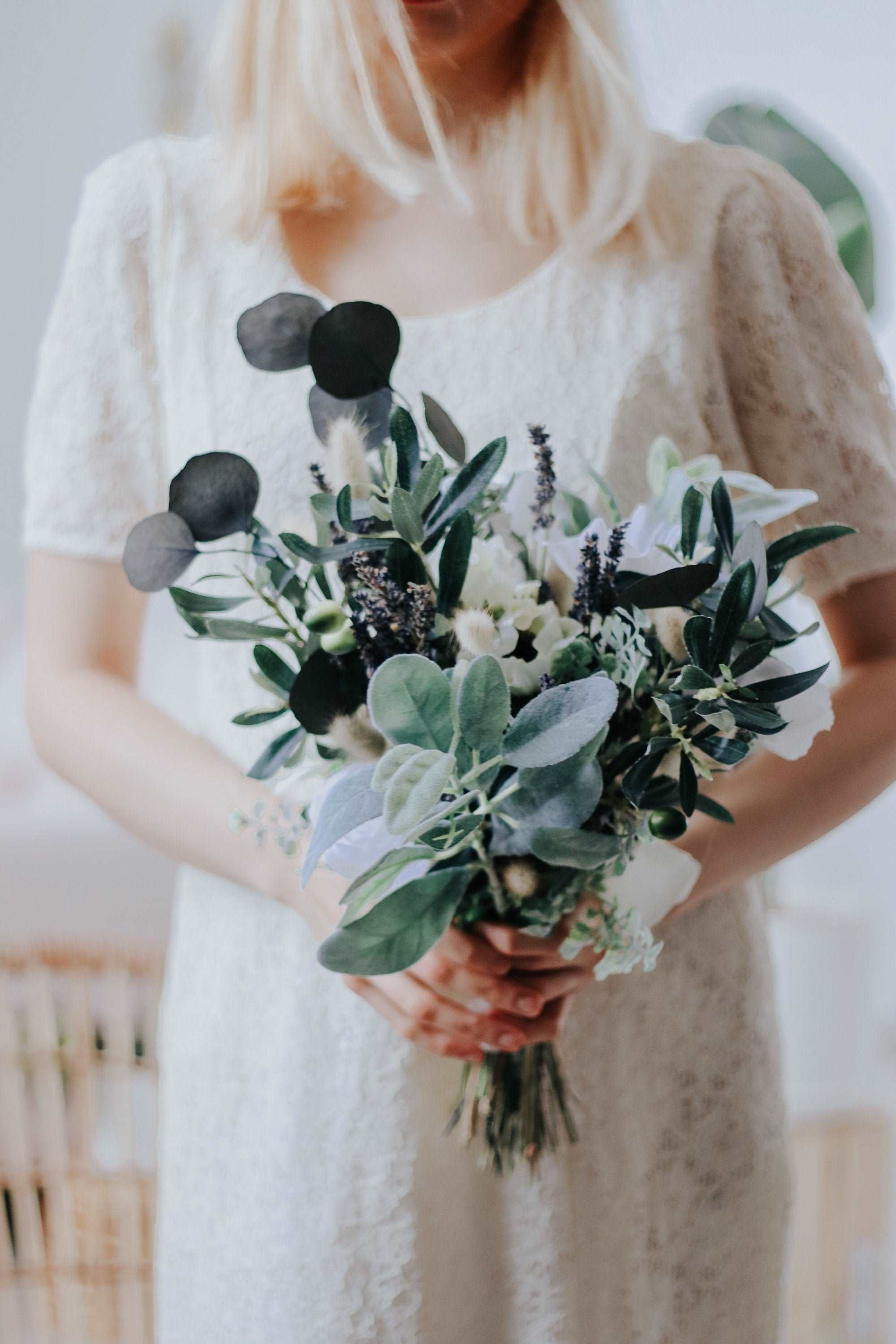 Dried & Artificial Flowers Vase Arrangement - Olive Green & White