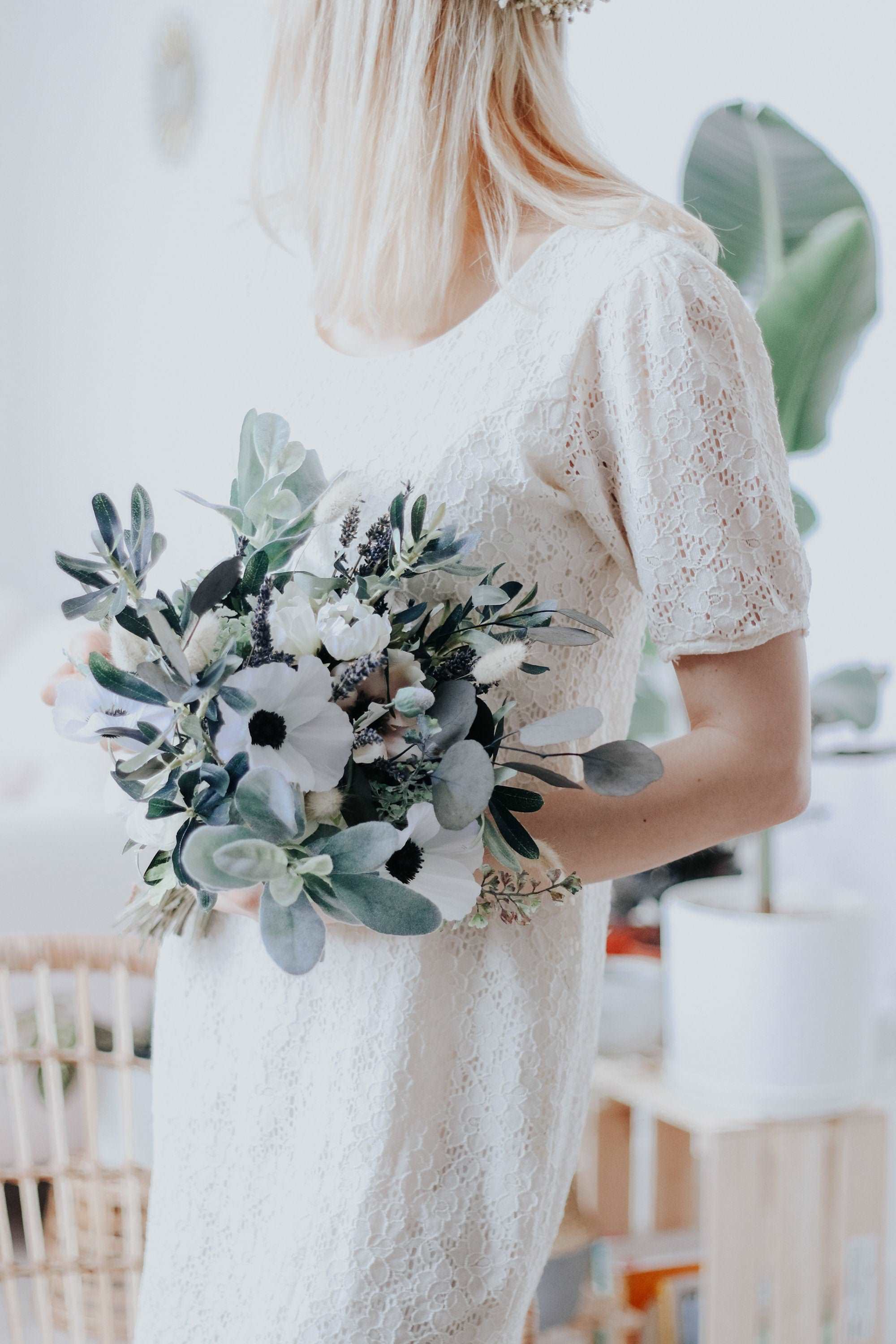 Dried & Artificial Flowers Vase Arrangement - Olive Green & White