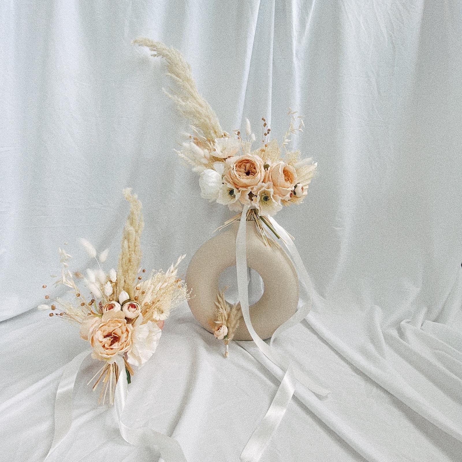 Dried & Artificial Flowers Vase Arrangement - Pale Peach & Cream