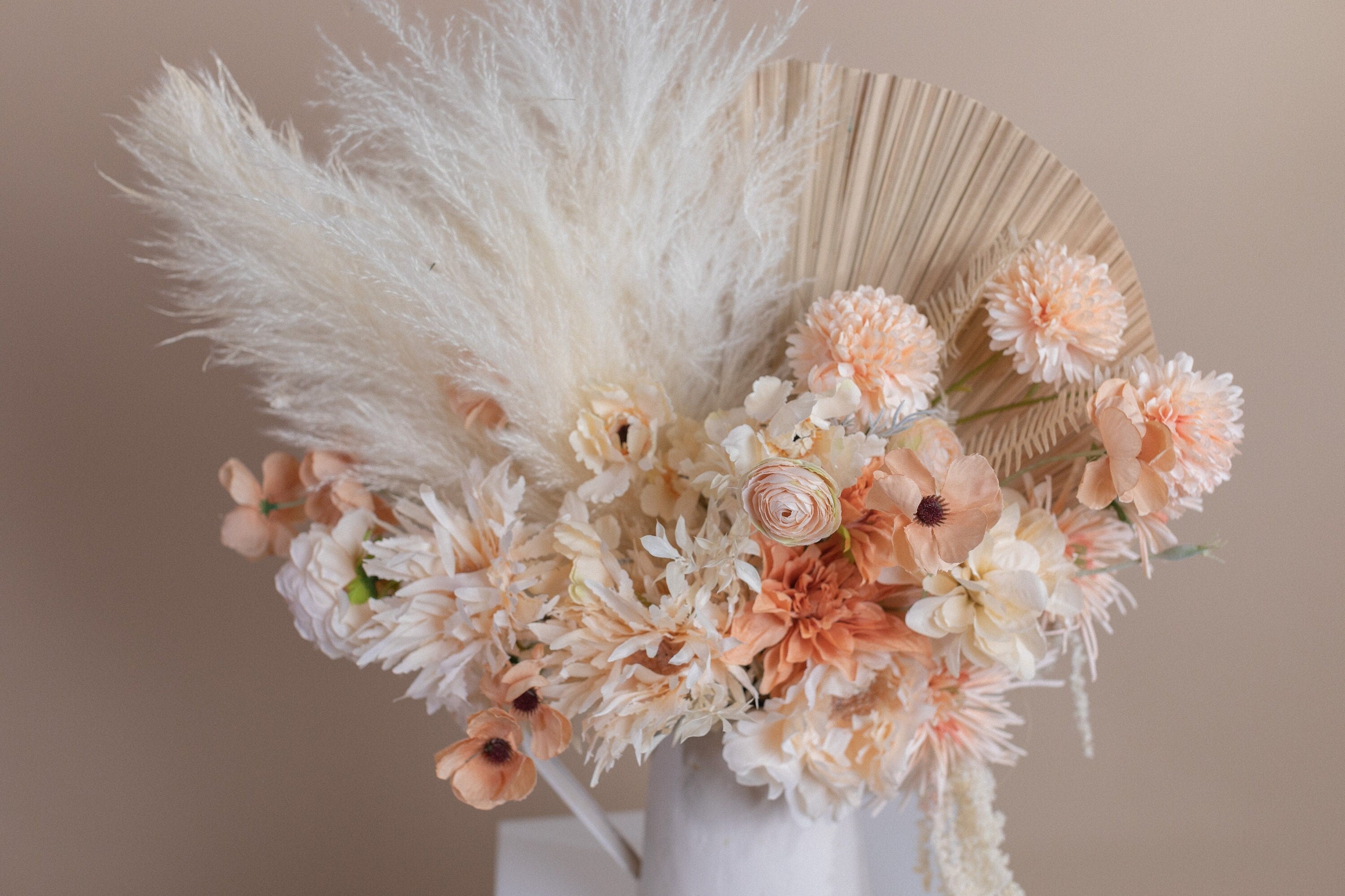 Dried & Artificial Flowers Vase Arrangement - Pastel Peach & Cream