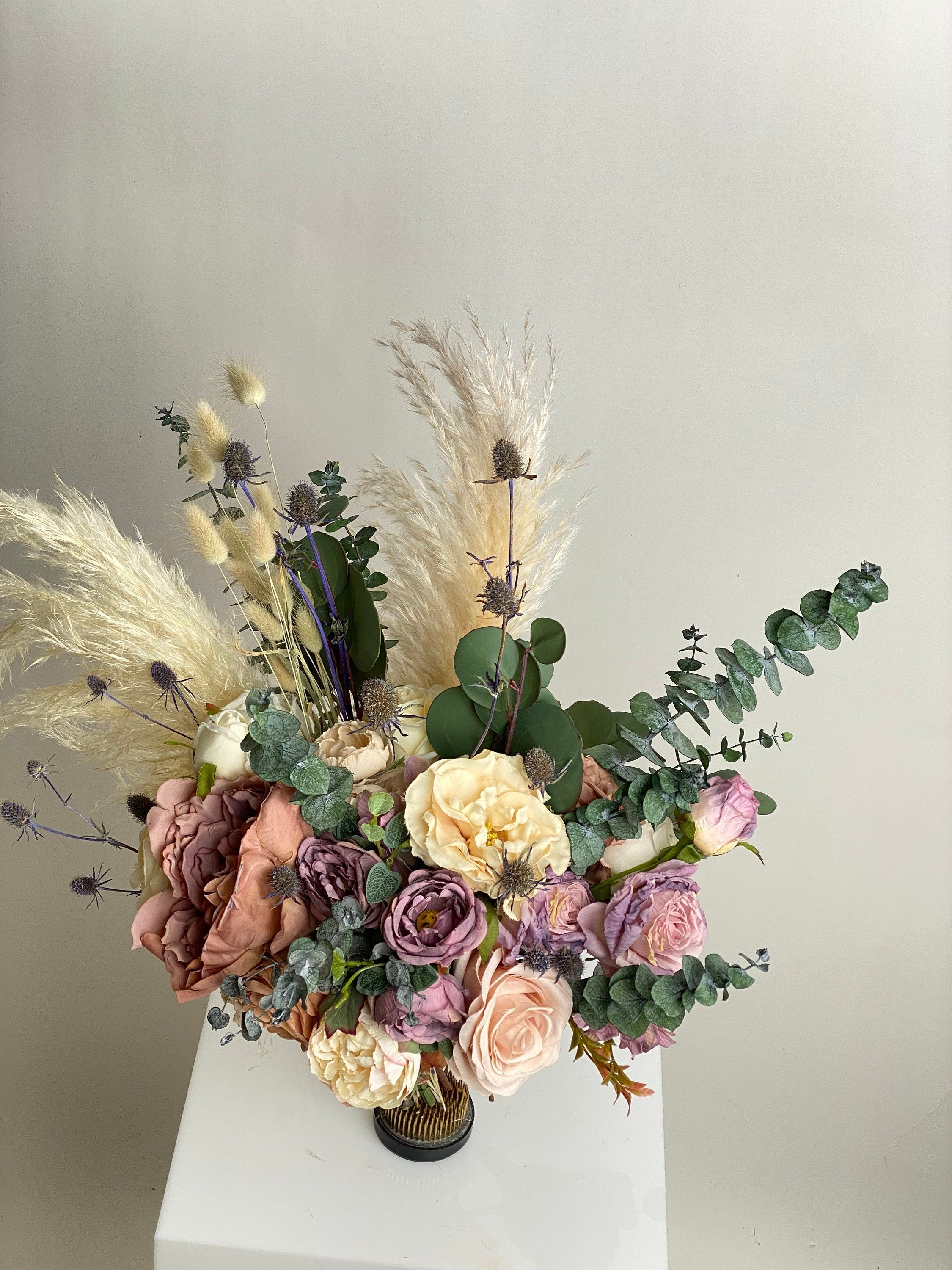 Dried & Artificial Flowers Vase Arrangement - Pastel Purple & Mauve