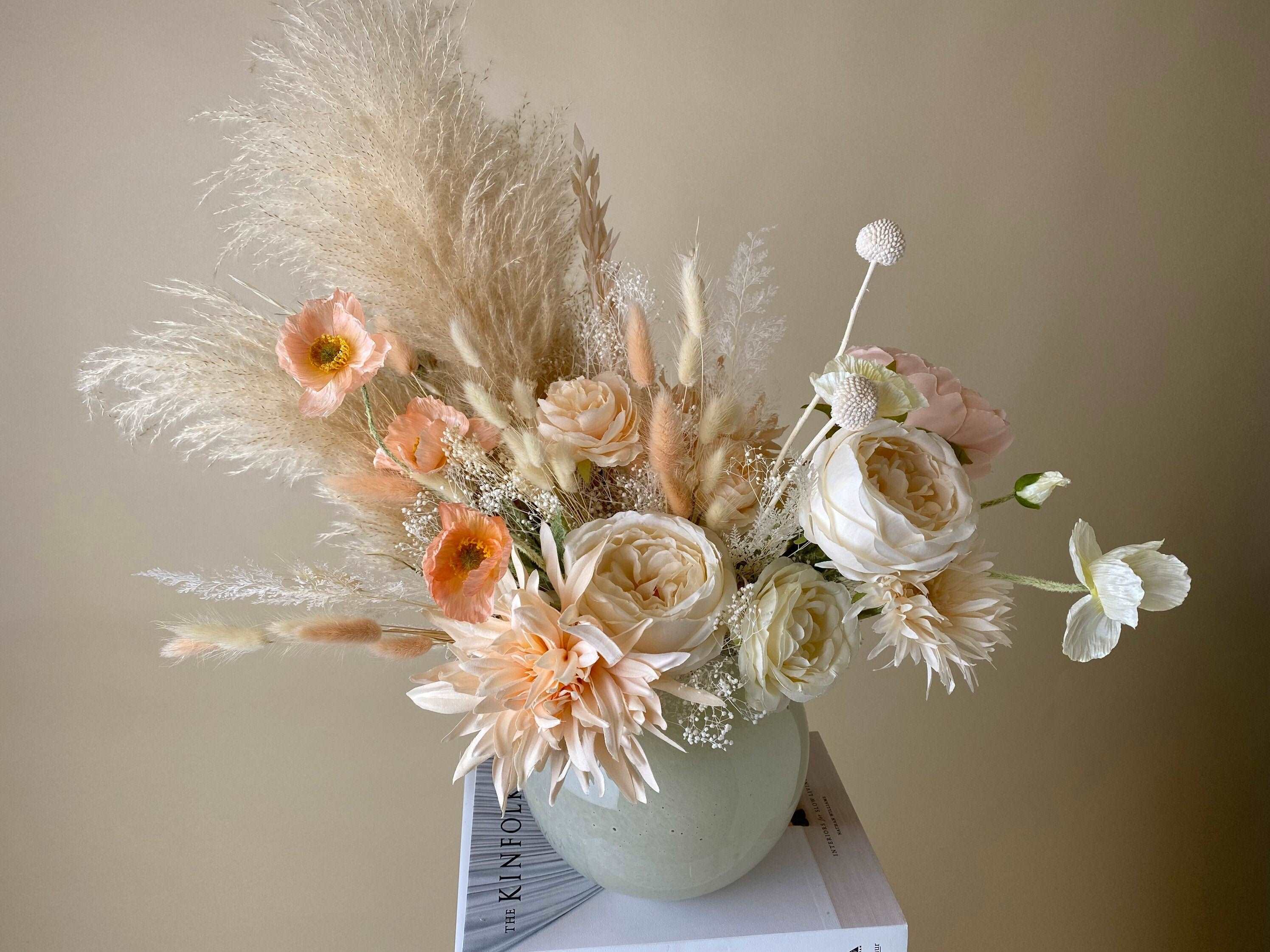 Dried & Artificial Flowers Vase Arrangement - Sandy Cream & Peach